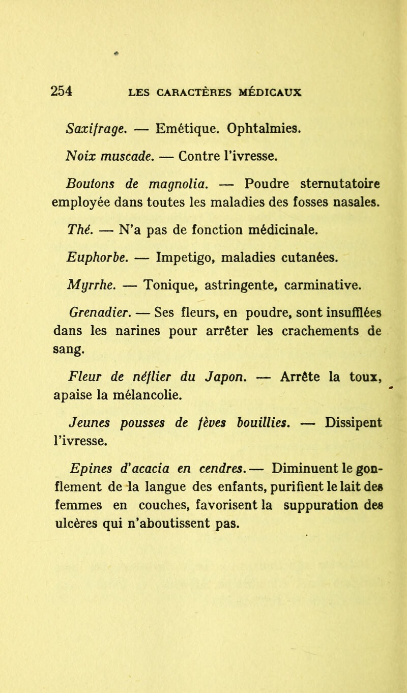 Saxifrage. — Emétique. Ophtalmies. Noix muscade. — Contre l’ivresse. Boutons de magnolia. — Poudre sternutatoire employée dans toutes les maladies des fosses nasales. Thé. — N’a pas de fonction médicinale. Euphorbe. — Impétigo, maladies cutanées. Myrrhe. — Tonique, astringente, carminative. Grenadier. — Ses fleurs, en poudre, sont insufflées dans les narines pour arrêter les crachements de sang. Fleur de néflier du Japon. — Arrête la toux, apaise la mélancolie. Jeunes pousses de fèves bouillies. — Dissipent l’ivresse. Epines d'acacia en cendres.— Diminuent le gon- flement de la langue des enfants, purifient le lait des femmes en couches, favorisent la suppuration des ulcères qui n’aboutissent pas.