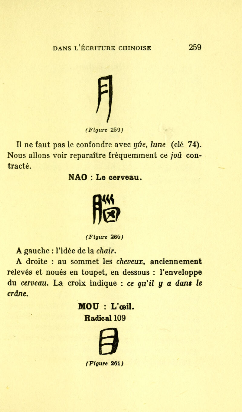 (Figure 259) Il ne faut pas le confondre avec yûe, lune (clé 74). Nous allons voir reparaître fréquemment ce joû con- tracté. N AO : Le cerveau. (Figure 260) A gauche : l’idée de la chair. A droite : au sommet les cheveuxt anciennement relevés et noués en toupet, en dessous : l’enveloppe du cerveau. La croix indique : ce qu’il y a dans le crâne. MOU : L’œil. Radical 109 à