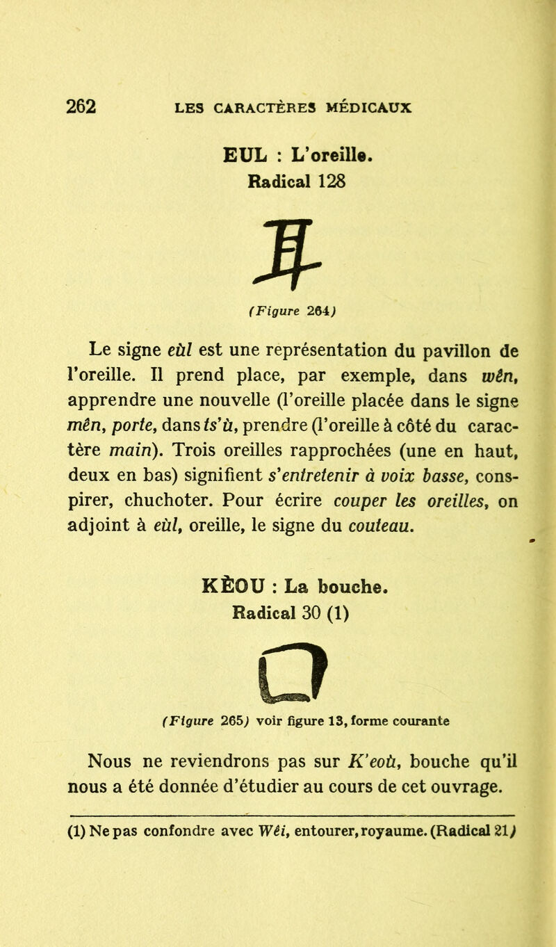 EUL : L’oreille Radical 128 (Figure 204; Le signe eùl est une représentation du pavillon de l’oreille. Il prend place, par exemple, dans wên, apprendre une nouvelle (l’oreille placée dans le signe mên, porte, dans ts’ù, prendre (l’oreille à côté du carac- tère main). Trois oreilles rapprochées (une en haut, deux en bas) signifient s'entretenir à voix basse, cons- pirer, chuchoter. Pour écrire couper les oreilles, on adjoint à eùl, oreille, le signe du couteau. Nous ne reviendrons pas sur Keoù, bouche qu’il nous a été donnée d’étudier au cours de cet ouvrage. KÈOU : La bouche Radical 30 (1) (Figure 205; voir figure 13, forme courante (1) Ne pas confondre avec Wêi, entourer, royaume. (Radical 21>