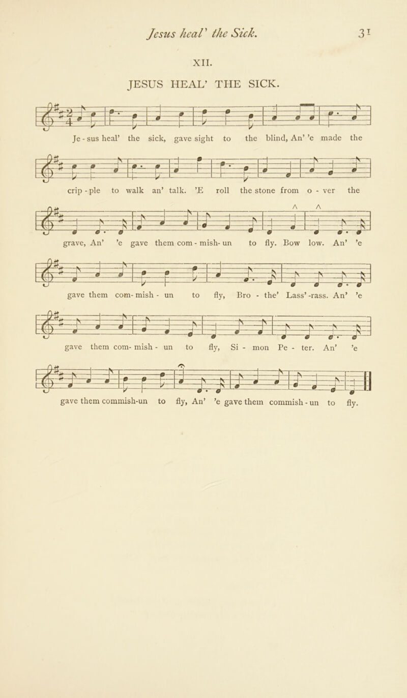 XII. JESUS HEAL’ THE SICK. grave, An’ ’e gave them com - mish- un to fly. Bow low. An’ ’e t =1^ “ 1 ^ ■ M 1 1 mm r J r ^ LL w w • Ij ^ —^ ^ ^ z • - L ^ ^ ^ —I ^^ ap-* gave them com- mish - un to fly, Bro - the’ Lass’ -rass. An* ’e —9-^ —H—-J N I N S H \ —*—i infv ^ r gave them com- mish - un to fly. Si - mon Be - ter. An’ ’e gave them commish-un to fly, An’ ’e gave them commish - un to fly.