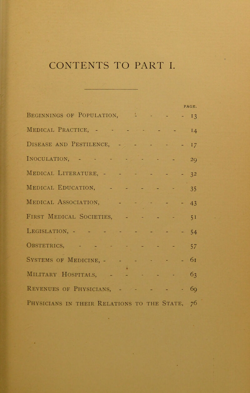 PAGE. Beginnings of Population, i - - - 13 Medical Practice, ------ 14 Disease and Pestilence, - - - - - 17 Inoculation, ------- 29 Medical Literature, ------ 32 Medical Education, ----- 35 Medical Association, ----- 43 First Medical Societies, - - - - 51 Legislation, --------54 Obstetrics, ------- 57 Systems of Medicine, ------ 61 Military Hospitals, ----- 63 Revenues of Physicians, ----- 69 Physicians in their Relations to the State, 76