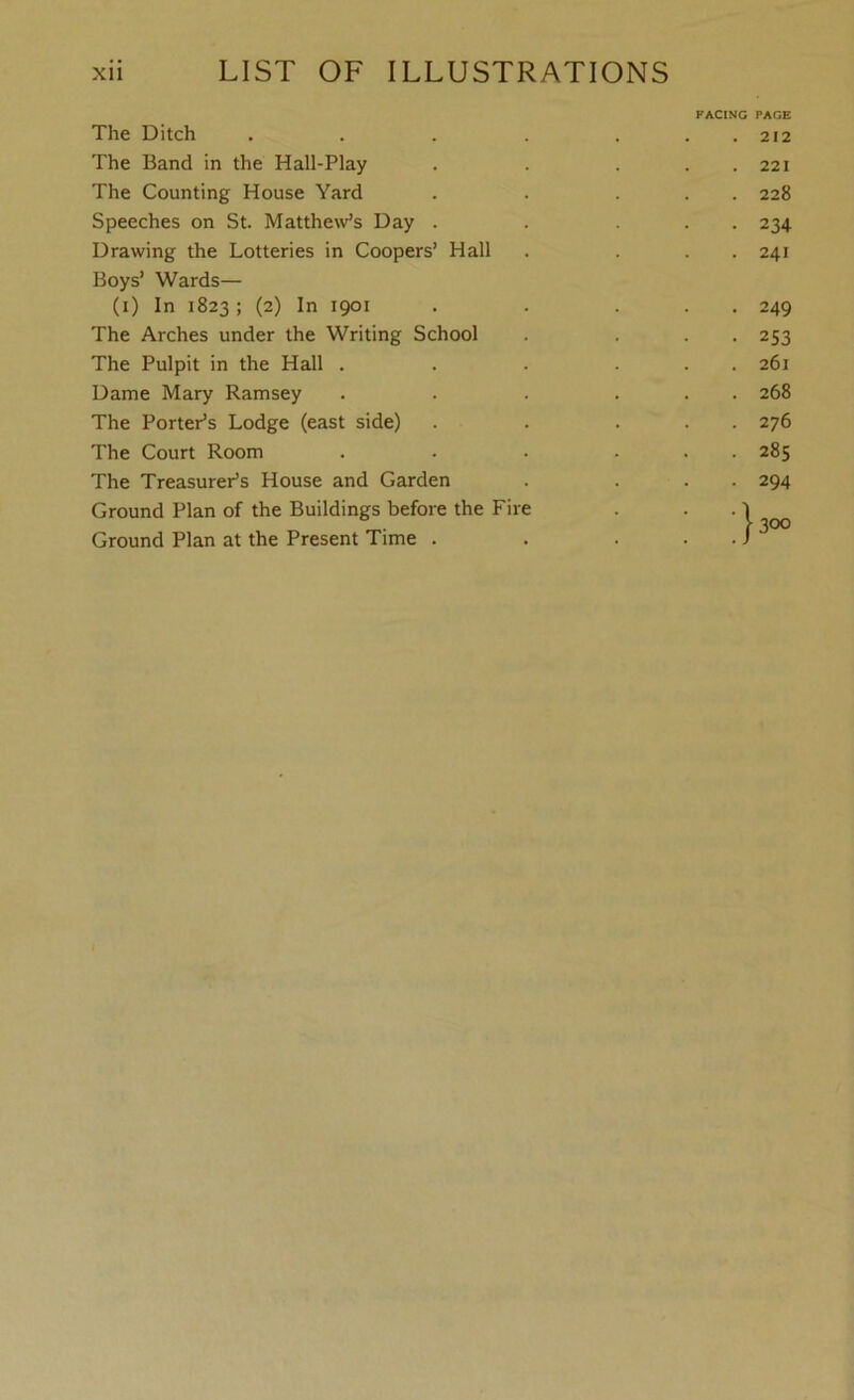 FACING PAGE The Ditch . . . . ... 212 The Band in the Hall-Play . . . . 221 The Counting House Yard . . ... 228 Speeches on St. Matthew’s Day . . ... 234 Drawing the Lotteries in Coopers’ Hall . ... 241 Boys’ Wards— (1) In 1823; (2) In 1901 . . ... 249 The Arches under the Writing School . ... 253 The Pulpit in the Hall . . - ... 261 Dame Mary Ramsey . . . ... 268 The Porter’s Lodge (east side) . . ... 276 The Court Room . . . ... 285 The Treasurer’s House and Garden . ... 294 Ground Plan of the Buildings before the Fire Ground Plan at the Present Time .