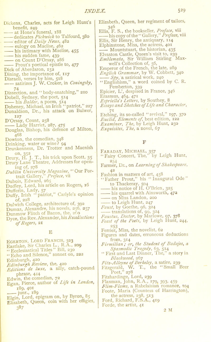 Dickens, Charles, acts for Leigh Hunt’s benefit, 249 at Hone’s funeral, 188 dedicates Pickwick to Talfourd, 380 editor of Daily News, 482 eulogy on Maclise, 462 his intimacy with Maclise, 455 his sudden fame, 439 on Count D’Orsay, 286 Prout’s poetical epistle to, 477 Dick of Aberdaron, 152 Dining, the importance of, 117 Disraeli, verses by him, 518 satirizes J. W. Croker, in Coningsby, 74 Dissection, and “body-snatching,” 210 Dobell, Sydney, the poet, 514 his Balder, a poem, 514 Doheney, Michael, an Irish “patriot,” 227 Donaldson, Dr., his attack on Bulwer, 127 D’Orsay, Count, 238 Lady Harriet, 287, 475 Douglas, Bishop, his defence of Milton, 468 Dowton, the comedian, 348 Drinking, water or wine ? 94 Drunkenness, Dr. Trotter and Macnish on, 352 Drury, H. J. T., his trick upon Scott, 35 Drury Lane Theatre, Addresses for open- ing of, 278 Dublin University Magazine, “Our Por- trait Gallery,” Preface, vii Dubois, Edward, 265 Dudley, Lord, his article on Rogers, 16 Dufferin, Lady, 57 Duffy, Irish “patriot,” Carlyle's opinion of, 228 Dulwich College, architecture of, 392 Dumas, Alexandre, his novels, 236, 237 Dunmow Flitch of Bacon, the, ito Dyce, the Rev. Alexander, his Recollections of Rogers, 21 E Egerton, Lord Francis, 323 Eastlake, Sir Charles L., R.A., 209 “ Ecclesiastical Titles ” Bill, 230 “ Echo and Silence,” sonnet on, 222 Edinburgh, 420 Edinburgh. Review, the, 420 Editions de luxe, a silly, catch-pound phrase, 414 Edwin, the comedian, 72 Egan, Pierce, author of Life in London, 189, 401 _ junr., 189 Elgin, Lord, epigram on, by Byron, 83 Elizabeth, Queen, coin with her effigies, 387 Elizabeth, Queen, her regiment of tailors, 346 Ellis, F. S., the bookseller, Preface, vm his copy of the ‘' Gallery,” Preface, viii Ellis, Sir Henry, the antiquary, 114 Elphinstone, Miss, the actress, 401 Mountstuart, the historian, 435 Elvaston Castle, Queen’s visit to, 239 Emblem ata, Sir William Stirling Max- well’s Collection of, 36, Emperor of the French, the late, 289 English Grammar, by W. Cobbett, 340 Spy, a. satirical work, 240 “Englishism,” a word coined by C. R. Pemberton, 339 Epicier, L’, despised in France, 346 Erasmus, 464, 471 Espriella's Letters, by Southey, 8 Essays and Sketches of Life and Character, 71 Etching, its so-called “revival,” 197, 370 Euclid, Elements of, best edition, 122 Examiner, The, by Leigh Plunt, 250 Exquisites, The, a novel, 67 F Faraday, Michael, 337 “Fairy Concert, The,” by Leigh Hunt, 254 Farmer, Dr., on Learning of Shakespeare, 42 Fashion in matters of art, 458 “Father Prout,” his “Inaugural Ode” to Thackeray, 304 his notice of H. O’Brien, 325 his quarrel with Ainsworth, 472 on Miss Landon, 200 to Leigh Plunt, 247 Faust, by Goethe, 96, 324 translations of, 99, 324 Faustus, Doctor, by Marlowe, 97, 378 Feast of the Poets, by Leigh Hunt, 244, 253 Ferricr, Miss, the novelist, 62 Figures and dates, erroneous deductions from, 3*4 Firmilian ; or, the Student of Badajos, a Spasmodic Tragedy, 63, 514 “ First and Last Dinner, The,” a story in Blackwood, 267 Fitz-A lleyne of Berkeley, a satire, 239 Fitzgerald, W. T., the “Small Beer Poet,” 278 Fitzhardinge, Lord, 239 Flaxman, John, R.A., 179, 393, 459 Flim-Flams, a Rabelaisian romance, T04 Foote, Maria (Countess of Harrington), the actress, 238, 513 Ford, Richard, F.S.A., 419 Forde, the artist, 41 2 M