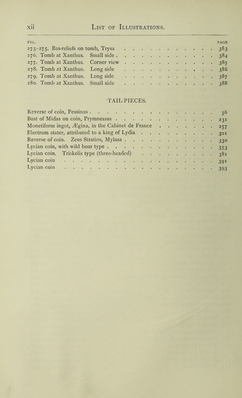 FIG. PAGE 273-275. Bas-reliefs on tomb, Trysa 383 276. Tomb at Xanthus. Small side 384 277. Tomb at Xanthus. Corner view 385 278. Tomb at Xanthus. Long side 386 279. Tomb at Xanthus. Long side 387 280. Tomb at Xanthus. Small side 388 TAIL-PIECES. Reverse of coin, Pessinus 36 Bust of Midas on coin, Prymnessus 231 Monetiform ingot, Ægina, in the Cabinet de France 257 Electrum stater, attributed to a king of Lydia 301 Reverse of coin. Zeus Stratios, Mylasa 330 Lycian coin, with wild boar type 353 Lycian coin. Triskelis type (three-headed) 381 Lycian coin 391 Lycian coin 393