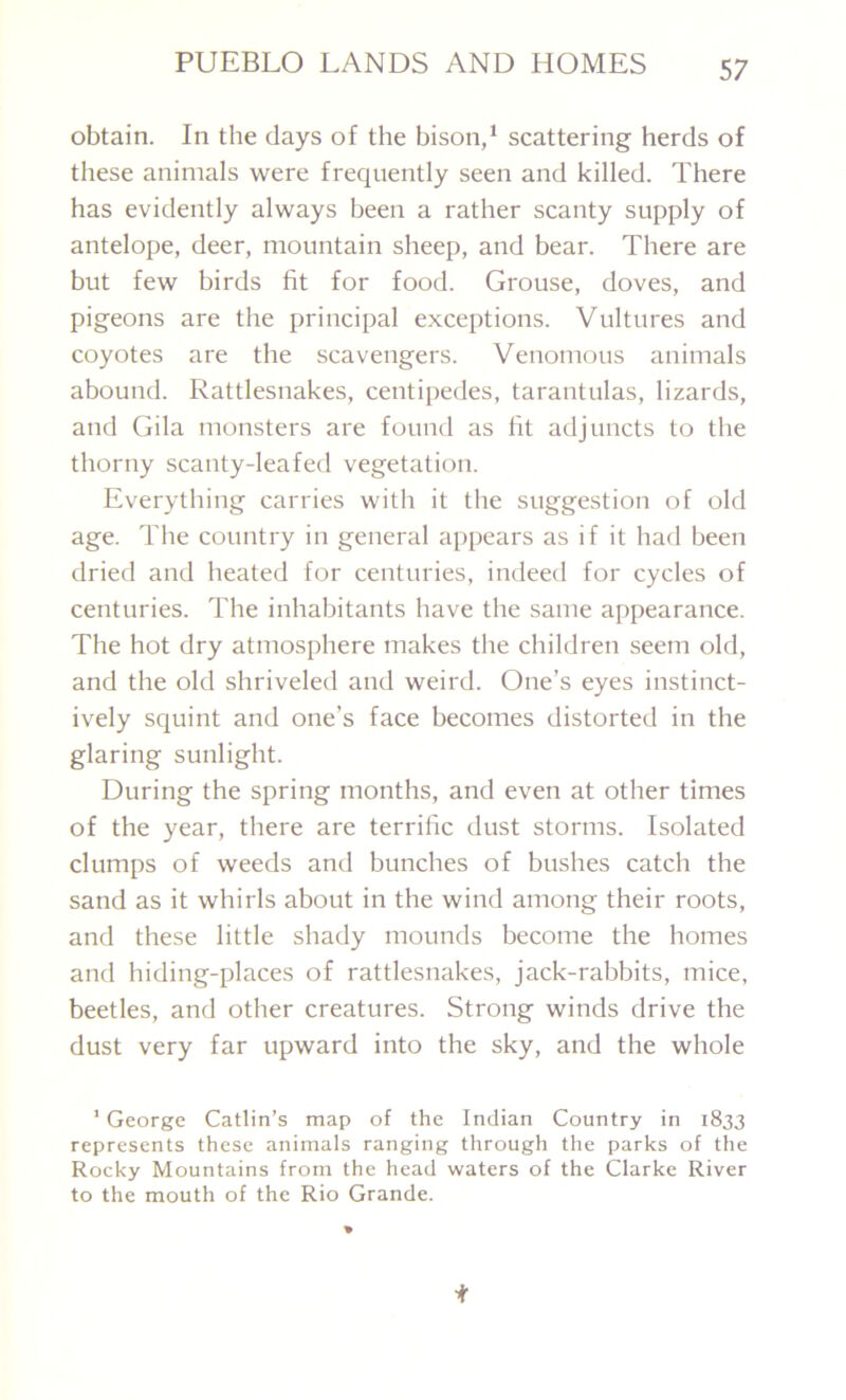 obtain. In the days of the bison,1 scattering herds of these animals were frequently seen and killed. There has evidently always been a rather scanty supply of antelope, deer, mountain sheep, and bear. There are but few birds fit for food. Grouse, doves, and pigeons are the principal exceptions. Vultures and coyotes are the scavengers. Venomous animals abound. Rattlesnakes, centipedes, tarantulas, lizards, and Gila monsters are found as fit adjuncts to the thorny scanty-leafed vegetation. Everything carries with it the suggestion of old age. The country in general appears as if it had been dried and heated for centuries, indeed for cycles of centuries. The inhabitants have the same appearance. The hot dry atmosphere makes the children seem old, and the old shriveled and weird. One’s eyes instinct- ively squint and one’s face becomes distorted in the glaring sunlight. During the spring months, and even at other times of the year, there are terrific dust storms. Isolated clumps of weeds and bunches of bushes catch the sand as it whirls about in the wind among their roots, and these little shady mounds become the homes and hiding-places of rattlesnakes, jack-rabbits, mice, beetles, and other creatures. Strong winds drive the dust very far upward into the sky, and the whole 1 George Catlin’s map of the Indian Country in 1833 represents these animals ranging through the parks of the Rocky Mountains from the head waters of the Clarke River to the mouth of the Rio Grande.