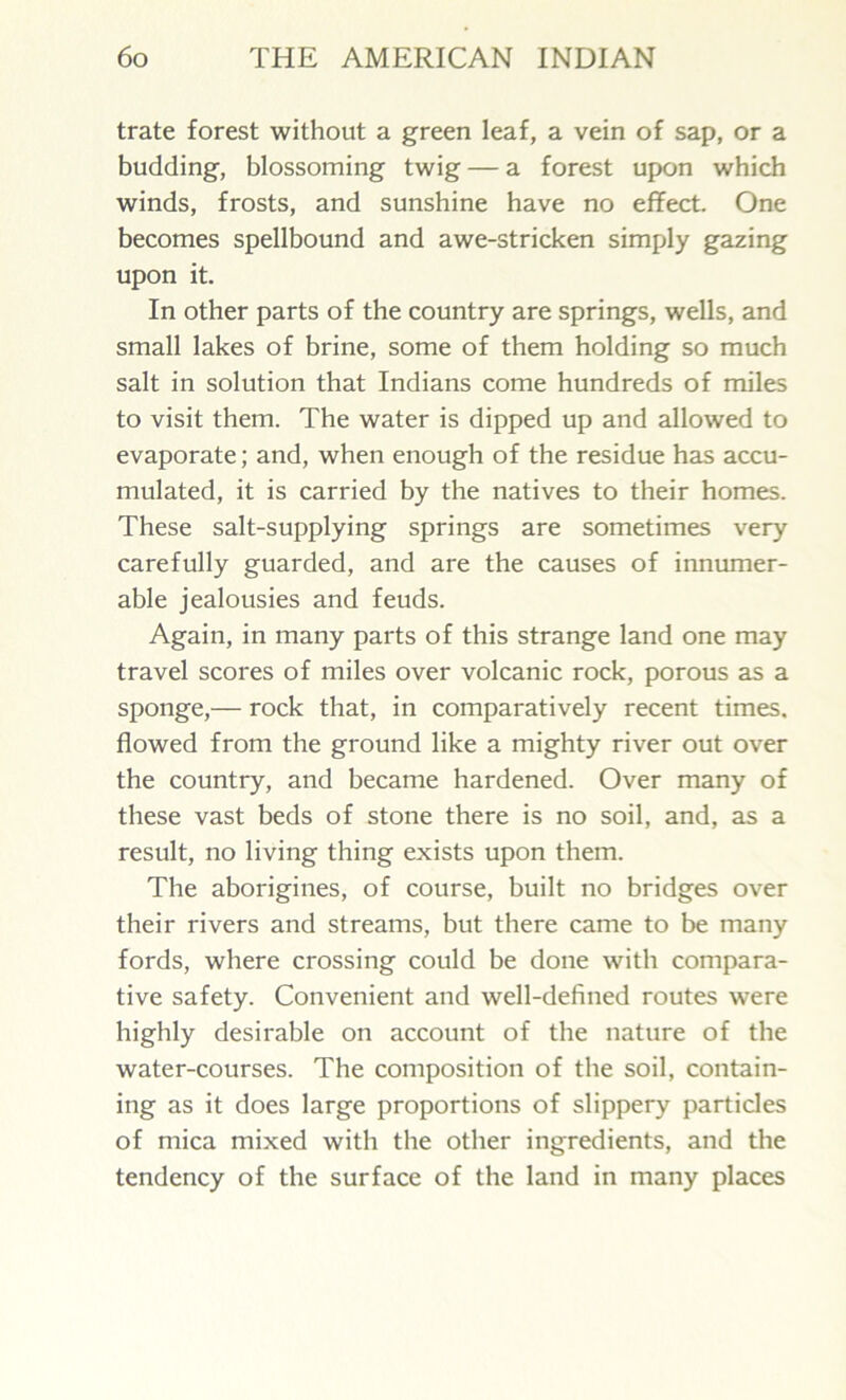 trate forest without a green leaf, a vein of sap, or a budding, blossoming twig — a forest upon which winds, frosts, and sunshine have no effect. One becomes spellbound and awe-stricken simply gazing upon it. In other parts of the country are springs, wells, and small lakes of brine, some of them holding so much salt in solution that Indians come hundreds of miles to visit them. The water is dipped up and allowed to evaporate; and, when enough of the residue has accu- mulated, it is carried by the natives to their homes. These salt-supplying springs are sometimes very carefully guarded, and are the causes of innumer- able jealousies and feuds. Again, in many parts of this strange land one may travel scores of miles over volcanic rock, porous as a sponge,— rock that, in comparatively recent times, flowed from the ground like a mighty river out over the country, and became hardened. Over many of these vast beds of stone there is no soil, and, as a result, no living thing exists upon them. The aborigines, of course, built no bridges over their rivers and streams, but there came to be many fords, where crossing could be done with compara- tive safety. Convenient and well-defined routes were highly desirable on account of the nature of the water-courses. The composition of the soil, contain- ing as it does large proportions of slippery particles of mica mixed with the other ingredients, and the tendency of the surface of the land in many places