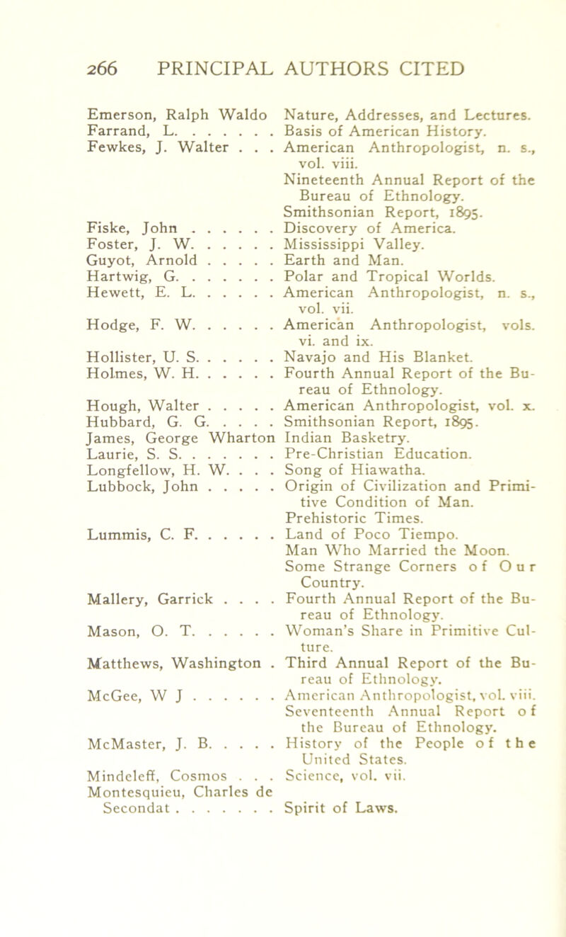 Emerson, Ralph Waldo Nature, Addresses, and Lectures. Farrand, L Basis of American History. Fewkes, J. Walter . . . American Anthropologist, n. s., vol. viii. Nineteenth Annual Report of the Bureau of Ethnology. Smithsonian Report, 1895. Fiske, John .. Discovery of America. Foster, J. W Mississippi Valley. Guyot, Arnold Earth and Man. Hartwig, G Polar and Tropical Worlds. Hewett, E. L American Anthropologist, n. s., vol. vii. Hodge, F. W American Anthropologist, vols. vi. and ix. Hollister, U. S Navajo and His Blanket. Holmes, W. H Fourth Annual Report of the Bu- reau of Ethnology. Hough, Walter American Anthropologist, vol. x. Hubbard, G. G Smithsonian Report, 1895. James, George Wharton Indian Basketry. Laurie, S. S Pre-Christian Education. Longfellow, H. W. . . . Song of Hiawatha. Lubbock, John Origin of Civilization and Primi- tive Condition of Man. Prehistoric Times. Lummis, C. F Land of Poco Tiempo. Man Who Married the Moon. Some Strange Corners of Our Country. Mallery, Garrick .... Fourth Annual Report of the Bu- reau of Ethnology. Mason, O. T Woman’s Share in Primitive Cul- ture. Matthews, Washington . Third Annual Report of the Bu- reau of Ethnology. McGee, W J American Anthropologist, vol. viii. Seventeenth Annual Report o f the Bureau of Ethnology. McMaster, J. B History of the People of the United States. Mindeleff, Cosmos . . . Science, vol. vii. Montesquieu, Charles de Secondat Spirit of Laws.
