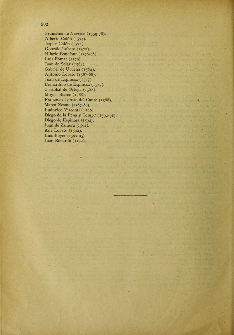 Francisco de Nevrese (1559-78). Alberto Colón (1574). Jaques Colón (1574). Gonzálo Lobato (1577). Hilario Bonefont (1576-98). Luis Pomar (1579). Juan de Solar (1584). Gabriel de Urueña (1584). Antonio Lobato (1587-88). Juan de Espinosa (1587). Bernardino de Espinosa (i 587). Cristóbal de Ortega (1588). Miguel Blasco (1588). Francisco Lobato del Canto (1588). Mateo Nesme (1587-89). Ludovico Vizconti (1590). Diego de la Peña y Comp.® (1592-98). Diego de Espinosa (1592). Juan de Zamora (1592). Ana Lobato (1592). Luis Boyer (1592-95). Juan Bonardo (1594).