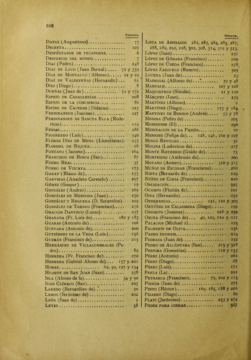 Números* Datus (Augustinus) 77 Decreta 105 Despertador de pecadores 6 Desprecio del mundo 7 Díaz (Pedro) 248 Díaz de Luco (Juan Bernal) 72 y 339 Díaz de Montalvo (Alfonso) 22 y 29 Díaz de Valdepeñas (Hernando) ... 61 Díez (Diego) 8 Dueñas (Juan de) 52 y 159 Espejó de Caballerías 208 Espejo de la conciencia 86 Espino de Caceres (Didacus) 225 Ferdinandus (Joannes) 227 Ferdinandus de Sancta Ella (Rode- ricus) 119 Ferias • 286 Figueredo (Luis) 340 Flórez Díez de Mena (Licentiatus). 255 Florisel de Niquea 16 Fontano (Jacome) 164 Francisco de Borja (San) 87 Fuero Real 37 Fuero de Vizcaya 173 GarAY (Blasco de) ISS Garviras (Anacleto Carmelo) 297 Gómez (Gaspar) 19 González (Andrés) 269 González de Mendoza (Juan). 230 González y Reguera (D. Saturnino). 299 González de Torneo (Francisco) 256 Gracián Dantisco (Lucas) 257 Granada (Fr. Luis de) 182 y 183 Guaras (Antonio de) 106 Guevara (Antonio de) 200 Gutiérrez de la Vega (Luis.) 156 Guzmán (Francisco de) 213 Hernández de Villalumbrales (Pe- dro) 89 Herrera (Fr. Francisco de) 270 Herrera (Gabriel Alonso de).... 157 y 201 Horas 62, 99, 127 y 134 Huarte de San Juan (Juan) 258 Isla (Alonso de la) 34 y 9° Juan Clímaco (San) 205 Laredo (Bernardino de)..* 30 Lemos (Jerónimo de) 202 León (Juan de) 9 Leyes 38 Námero». Lista de Abogados 282, 283, 284, 285, 287, 288, 289, 292, 298, 302, 308, 314, 319 y 323. López (Juan) 231 López de Gómara (Francisco) 100 López DE Ubeda (Francisco) 278^ López Zarzuelo (Ramón) 309 Lucen A (Juan de) 23 Madrigal (Alfonso de). ..! 39 y 48 Manuale 107 y 108 Maquiavelo (Nicolás) 91 y 120 Márquez (Juan) 259 Martínez (Alfonso) 2 Martínez (Diego) 175 y 184 Martínez de Burgos (Andrés) 55 y 78 Medina (Pedro de) 203 Medinense (El) 290 Meditación de la Pasión 10 ■ Meneses (Felipe de)... 128, 146, 160 y 197 Mingo Revulgo 31 Molina (Ludovicus de) 217 Monte Rotherio (Guido de) 73 Montesino (Ambrosio de) 209 Moyano (Antero). 310 y 3^5 Muñoz de Escobar (Franciscus) 260 Nieva (Bernardo de) 129 Núñez de Coria (Francisco) 210 Obligación 325 'Ocampo (Florián de).. loi Ojea (Hernando) 252 Ordenanzas 121, 122 y 303 Ortúñez de Calahorra (Diego) 199 OssoRius (Joannes) 228 y 232 Osuna (Francisco de)... 40, 109, iio y iii Palacios (Michael á).. 123 Palmerín de Oliva 136 Passio duorum 214 Pedraza (Juan de) 152 Pedro DE Alcántara (San) 215 y 328 Pereira (Gometius) ii2yi35 Pérez (Antonio) 261 Pérez (Diego) 68 Pérez (Luis) 171 Perla (La) 291 Petrarca (Francisco) 79, 102 y 113 Pineda (Juan de) 271 Pinto (Héctor) 169, 185, 188 y 206 PizARRO (Diego) 80 Plati (Jerónimo) 233 y 279 Poder para cobrar 3^7