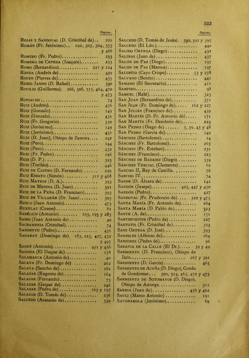 Páginas. Rojas y. Sandoval (D. Cristóbal de).. 229 Román (Fr. Jerónimo).. 190, 303, 304, 353 y 466 Romero (Fr, Pedro) 253 Romero de Cepeda (Joaquín) 253 Romo (Bernardino) 221 y 224 Ronda (Andrés de) 439 Rouen (Fierres de) 435 Rubio Janini (D. Rafael) 390 Rovilio (Guillermo). 266, 308, 355, 464, 470 y 473 Rufiai.do 74 Ruiz (Andrés) 456 Ruiz (Gonzalo) 149 Ruiz (Gonzalo) 431 Ruiz (Fr. Gregorio) 330 Ruiz (Jerónimo) 149 Ruiz (Jerónimo) 431 Ruiz (D. Juan), Obispo de Zamora.,.. 242 Ruiz (Pero) 144 Ruiz (Pero) 432 Ruiz (Fr. Pedro) 126 Ruiz (D. P.) 393 Ruiz (Toribio) 446 Ruiz de Castro (D. Fernando) 229 Ruiz Embito (Simón) 3iiy 468 Ruiz Mateos (D. A.) 393 Ruiz de Medina (D, Juan) 391 Ruiz de la Peña (D. Francisco) 393 Ruiz DE Villarán (Dr. Juan) 305 Rusca (Juan Antonio) 473 Ruxelay (Cosme) 81 Sabélico (Antonio) 193» 195 y 283 Sabio (Juan Antonio de) 40 Sacramenta (Cristóbal) 74 Sadornyu (Pedro) • 431 Sacara Y (Domingo de). 183, 223, 427, 432 y 497 Saget (Antonio) 451 y 4c;6 Sajonia (El Duque de) 178 Salamanca (Antonio de) 40 Salaya (Fr. Domingo de) 262 Salaya (Sancho de) 162 Salazar (Eugenio de) 164 Salazar (Fernando) 73 Salazar (Gaspar de) 246 Salazar (Pedro de) 163 y 197 Salazar (D. Tomás de) 236 Salcedo (Atanasio de) 339 Páginas. Salcedo (D. Tomás de Jesús). 390, 391 y 395 Salcedo (El Ldo.) 440 Salido Ortega (Diego) 432 Salinas (Juan de) 437 Salón de Paz (Diego) 197 Salón de Paz (Marcos) 197 Salustio (Cayo Crispo) 53 y 278 Salvago (Benito) 441 Samano (El Secretario) 411 Sampiro 98 Samuel (Rabí) 323 San Juan (Bernardino de) 371 San Juan (Fr. Domingo de) 162 y 227 San Julián (Francisco de) 439 San Martín (D. Fr. Antonio de) 171 San Martín (Fr. Desiderio de) 223 San Pedro (Diego de) 5> 39» 43 y 4^ San Pedro (García de) 149 Sánchez (Bartolomé) 14 Sánchez (Fr. Bartolomé) 265 Sánchez (Fr. Esteban) 231 Sánchez (Francisco) 223 Sánchez de Badajoz (Diego) 339 Sánchez Vercial (Clemente) 69 Sancho II, Rey de Castilla 76 Sancho IV 74 Sande (D. Alvaro de) 142 Sandón (Jusepe) 425, 447 y 450 Sandón (Pedro) 427 Sandoval (Fr. Prudencio de).... 320 y 475 Santa María (Fr. Antonio de) 264 Santa María (D. Pablo de) 323 Sante (A. de) 151 Santispiritus (Pedro de) 227 Santotis (Fr. Cristóbal de) 323 Sanz Ortega (D. José) 393 Sanzoles (Alfonso de) 264 Sanzores (Pedro de) 96 Saravia de la Calle (El Dr.) 39 y 49 Sarmiento (D. Francisco), Obispo de Jaén 267 y 301 Sarmiento (D. García) 465 Sarmiento de Acuña (D. Diego), Conde de Gondomar. .. 309, 324, 465, 472 y 473 Sarmiento de Sotomayor (D, Diego), Obispo de Astorga 311 Sarria (Juan de) 456 y 462 Sauli (Marco Antonio) 191 Savonarola (Jerónimo) 69