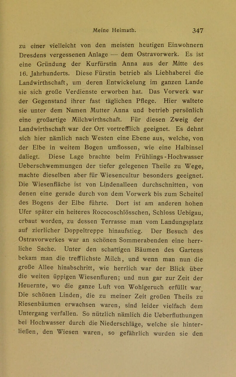 zu einer vielleicht von den meisten heutigen Einwohnern Dresdens vergessenen Anlage — dem Ostravorwerk. Es ist eine Gründung der Kurfürstin Anna aus der Mitte des 16. Jahrhunderts. Diese Fürstin betrieb als Liebhaberei die Landwirthschaft, um deren Entwickelung im ganzen Lande sie sich große Verdienste erworben hat. Das Vorwerk war der Gegenstand ihrer fast täglichen Pflege. Hier waltete sie unter dem Namen Mutter Anna und betrieb persönlich eine großartige Milchwirthschaft. Für diesen Zweig der Landwirthschaft war der Ort vortrefflich geeignet. Es dehnt sich hier nämlich nach Westen eine Ebene aus, welche, von der Elbe in weitem Bogen umflossen, wie eine Halbinsel daliegt. Diese Lage brachte beim Frühlings-Hochwasser Ueberschwemmungen der tiefer gelegenen Theile zu Wege, machte dieselben aber für Wiesencultur besonders geeignet. Die Wiesenfläche ist von Lindenalleen durchschnitten, von denen eine gerade durch von dem Vorwerk bis zum Scheitel des Bogens der Elbe führte. Dort ist am anderen hohen Ufer später ein heiteres Rococoschlösschen, Schloss Uebigau, erbaut worden, zu dessen Terrasse man vom Landungsplatz auf zierlicher Doppeltreppe hinaufstieg. Der Besuch des Ostravorwerkes war an schönen Sommerabenden eine herr- liche Sache. Unter den schattigen Bäumen des Gartens bekam man die trefflichste Milch, und wenn man nun die große Allee hinabschritt, wie herrlich war der Blick über die weiten üppigen Wiesenfluren; und nun gar zur Zeit der Heuernte, wo die ganze Luft von Wohlgeruch erfüllt war Die schönen Linden, die zu meiner Zeit großen Theils zu Riesenbäumen erwachsen waren, sind leider vielfach dem Untergang verfallen. So nützlich nämlich die Ueberfluthungen bei Hochwasser durch die Niederschläge, welche sie hinter- ließen, den Wiesen waren, so gefährlich wurden sie den