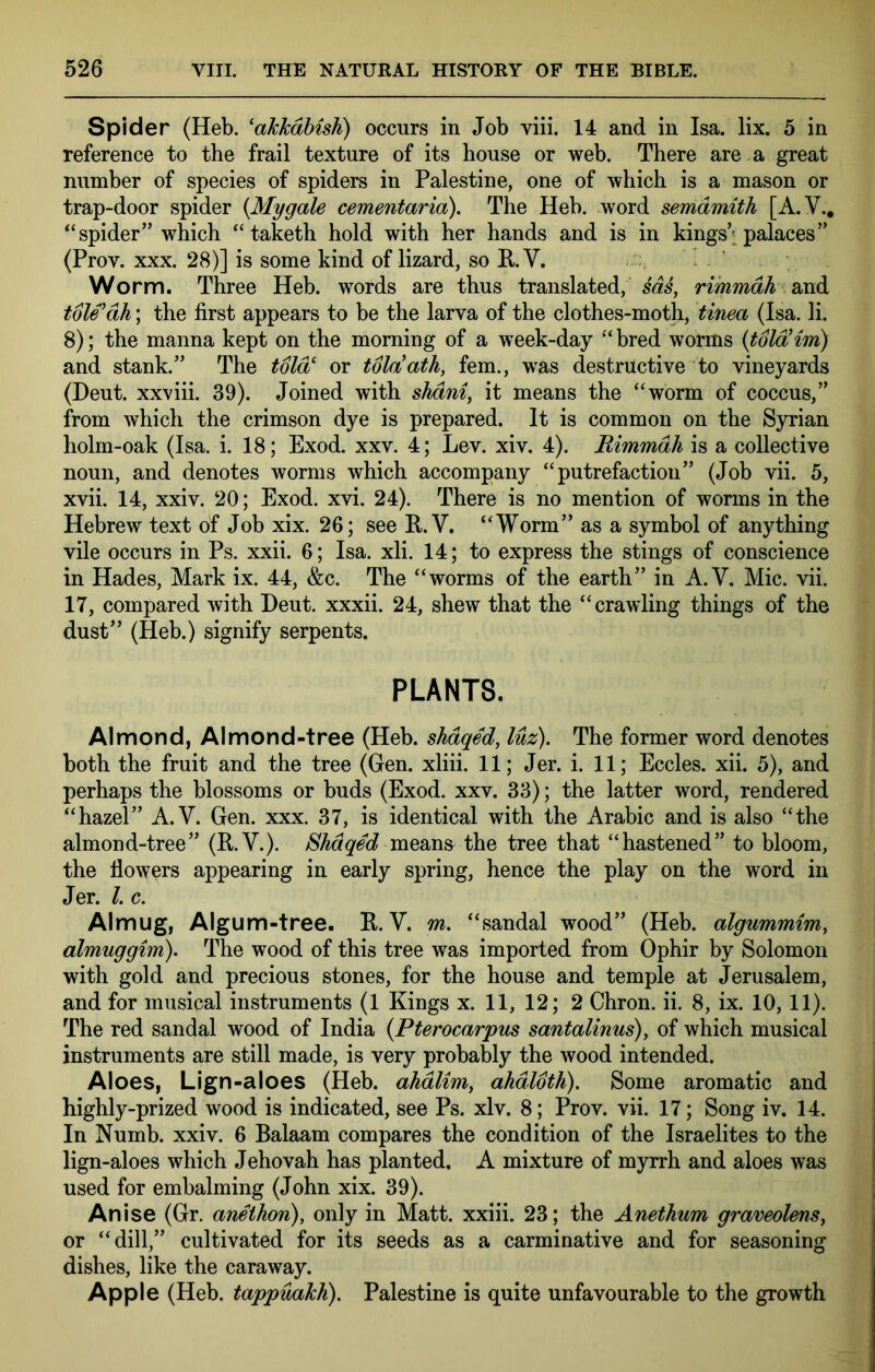 Spider (Heb. 'akkdbish) occurs in Job viii. 14 and in Isa. lix. 5 in reference to the frail texture of its house or web. There are a great number of species of spiders in Palestine, one of which is a mason or trap-door spider {Mygale cementaria). The Heb. word semdmith [A.V., ‘‘spider” which “ taketh hold with her hands and is in kings\ palaces” (Prov. XXX. 28)] is some kind of lizard, so KV. . ^ - Worm. Three Heb. words are thus translated, ms, rimmdh and tole’dh; the first appears to be the larva of the clothes-moth, tinea (Isa. li. 8); the manna kept on the morning of a week-day “bred worms {tolaim) and stank.” The told' or tolaath, fern., was destructive to vineyards (Deut. xxviii. 39). Joined with shdni, it means the “worm of coccus,” from which the crimson dye is prepared. It is common on the Syrian holm-oak (Isa. i. 18; Exod. xxv. 4; Lev. xiv. 4). Bimmdh is a collective noun, and denotes worms which accompany “putrefaction” (Job vii. 5, xvii. 14, xxiv. 20; Exod. xvi. 24). There is no mention of worms in the Hebrew text of Job xix. 26; see R.V. “Worm” as a symbol of anything vile occurs in Ps. xxii. 6; Isa. xli. 14; to express the stings of conscience in Hades, Mark ix. 44, &c. The “worms of the earth” in A.V. Mic. vii. 17, compared with Deut. xxxii. 24, shew that the “crawling things of the dust” (Heb.) signify serpents. PLANTS. Almond, Almond-tree (Heb. shdqed, luz). The former word denotes both the fruit and the tree (Gen. xliii. 11; Jer. i. 11; Eccles. xii. 5), and perhaps the blossoms or buds (Exod. xxv. 33); the latter word, rendered “hazel” A.V. Gen. xxx. 37, is identical with the Arabic and is also “the almond-tree” (KV.). Shdqed mQSiiiSr the tree that “hastened” to bloom, the flowers appearing in early spring, hence the play on the word in Jer. L c. Almug, Algum-tree. R.V. m. “sandal wood” (Heb. algummim, olmuggim). The wood of this tree was imported from Ophir by Solomon with gold and precious stones, for the house and temple at Jerusalem, and for musical instruments (1 Kings x. 11, 12; 2 Chron. ii. 8, ix. 10, 11). The red sandal wood of India {Pterocarpus santalinus), of which musical instruments are still made, is very probably the wood intended. Aloes, Lign-aloes (Heb. ahdlim, ahdloth). Some aromatic and highly-prized wood is indicated, see Ps. xlv. 8; Prov. vii. 17; Song iv. 14. In Numb. xxiv. 6 Balaam compares the condition of the Israelites to the lign-aloes which Jehovah has planted. A mixture of myrrh and aloes was used for embalming (John xix. 39). An ise (Gr. anethon), only in Matt, xxiii. 23; the Anethum graveolens, or “dill,” cultivated for its seeds as a carminative and for seasoning dishes, like the caraway. Apple (Heb. tappuakK). Palestine is quite unfavourable to the growth