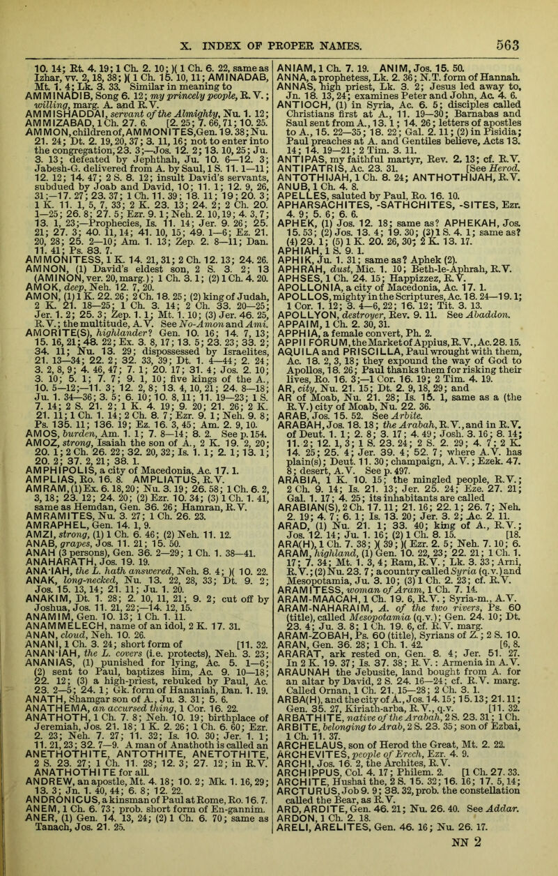 10. 14; Rt. 4.19; 1 Ch. 2. 10;)(1 Ch. 6. 22, same as Izhar, w. 2,18, 38;)(1 Ch. 15. 10,11; AMINADAB, Mt 1.4; Lk. 3. 33. Similar in meaning to AM M1 NADI B, Song 6. 12; my princely people, R. V.; willing, marg. A. and R. V. AMMISHADDAI, servant of the Almighty, Nu. 1. 12; AM MIZABAD, 1 Ch. 27. 6. [2. 25; 7. 66,71; 10. 25. AMMON, children of, A M M O NIT ES,Gen. 19.38; Nu. 21. 24; Dt. 2. 19,20,37; 3. 11,16; not to enter into the congregation, 23. 3;—Jos. 12. 2; 13.10,25; Ju. 3. 13; defeated by Jephthah, Ju. 10. 6—12. 3; Jabesh-G. delivered from A. by Saul, 1 S. 11.1—11; 12. 12; 14. 47: 2 S. 8. 12; insult David’s servants, subdued by Joab and David, 10; 11. 1; 12. 9, 26, 31;—17. 27; 23. 37; ICh. 11.39; 18. 11; 19; 20. 3; 1 K. 11. 1, 5, 7, 33; 2 K. 23. 13; 24. 2; 2 Ch. 20. 1—25; 26. 8; 27. 5; Ezr. 9.1; Neh. 2.10,19; 4. 3, 7; 13. 1, 23;—Prophecies, Is. 11. 14; Jer. 9. 26; 25. 21; 27. 3; 40. 11,14; 41. 10, 15; 49. 1—6; Ez. 21. 20, 28; 25. 2—10; Am. 1. 13; Zep. 2. 8—11; Dan. 11. 41; Ps. 83. 7. AMMONITESS, 1 K. 14. 21,31; 2 Ch. 12.13; 24. 26. AM NON, (1) David’s eldest son, 2 S. 3. 2; 13 (AM I NON, ver. 20, marg.); 1 Ch. 3.1; (2) 1 Ch. 4. 20. AMOK, deep, Neh. 12. 7, 20. AM ON, (1)1K. 22.26 ; 2Ch. 18. 25; (2) king of Judah, 2 K. 21. 18—25; 1 Ch. 3. 14; 2 Ch. 33. 20—25; Jer. 1. 2; 25. 3; Zep. 1.1- Mt. 1.10; (3) Jer. 46. 25, R. V.; the multitude, A. V. See No-Amon and Ami. AMORITE(S), highlandert Gen. 10. 16; 14. 7, 13; 15. 16, 21; 48. 22; Ex. 3. 8, 17; 13. 5; 23. 23; 33. 2; 34. 11; Nu. 13. 29; dispossessed by Israelites, 21. 13—34; 22. 2; 32. 33, 39; Dt. 1. 4—44; 2. 24; 3. 2, 8, 9; 4. 46, 47 ; 7. 1; 20. 17; 31. 4; Jos. 2. 10; 3. 10; 5. 1; 7. 7; 9. 1, 10; five kings of the A., 10. 5—12;—11. 3; 12. 2, 8; 13. 4, 10, 21; 24. 8—18; Ju. 1. 34—36; 3. 5; 6. 10; 10. 8,11; 11. 19—23; 1 S. 7. 14; 2 S. 21. 2; 1 K. 4. 19; 9. 20; 21. 26; 2 K. 21. 11; 1 Ch. 1. 14; 2 Ch. 8. 7; Ezr. 9. 1; Neh. 9. 8; Ps. 135. 11; 136. 19; Ez. 16. 3, 45; Am. 2. 9,10. AMOS, burden, Am. 1. 1; 7. 8—14; 8. 2. See p. 154. AMOZ, strong, Isaiah the son of A., 2 K. 19. 2, 20; 20. 1; 2 Ch. 26. 22 ; 32. 20, 32; Is. 1. 1; 2. 1; 13. 1; 20. 2; 37. 2,21; 38. 1. AMPHIPOLIS, a city of Macedonia, Ac. 17.1. AMPLIAS, Ro. 16. 8. AMPLIATUS, R.V. AMRAM,(l)Ex. 6.18,20; Nu. 3.19; 26.58; lCh.6.2, 3,18; 23. 12; 24. 20; (2) Ezr. 10. 34; (3) 1 Ch. 1. 41, same as Hemdan, Gen. 36. 26; Hamran, R. V. AMRAMITES, Nu. 3. 27; 1 Ch. 26. 23. AMRAPHEL, Gen. 14. 1, 9. AMZI, strong, (1) 1 Ch. 6. 46; (2) Neh. 11. 12. ANAB, grapes, Jos. 11. 21; 15. 50. AN AH (3 persons), Gen. 36. 2—29; 1 Ch. 1. 38—41. ANAHARATH, Jos. 19. 19. ANA-IAH, the L. hath answered, Neh. 8. 4; )( 10. 22. ANAK, long-necked, Nu. 13. 22, 28, 33; Dt. 9. 2; Jos. 15. 13,14; 21. 11; Ju. 1. 20. ANAKIM, Dt. 1. 28; 2. 10, 11, 21; 9. 2; cut off by Joshua, Jos. 11. 21, 22;—14. 12,15. AN AM IM, Gen. 10. 13; 1 Ch. 1. 11. ANAMMELECH, name of an idol, 2 K. 17. 31. AN AN, cloud, Neh. 10. 26. ANANI, 1 Ch. 3. 24; short form of [11. 32. AN AN •! AH, the L. covers (i.e. protects), Neh. 3. 23; ANANIAS, (1) punished for lying, Ac. 5. 1—6; (2) sent to Paul, baptizes him, Ac. 9. 10—18; 22. 12; (3) a high-priest, rebuked by Paul, Ac. 23. 2—5; 24. 1; Gk. form of Hananiah, Dan. 1. 19. ANATH, Shamgar son of A., Ju. 3. 31; 5. 6. ANATHEMA, an accursed thing, 1 Cor. 16. 22. ANATHOTH, 1 Ch. 7. 8; Neh. 10. 19; birthplace of Jeremiah, Jos. 21. 18; 1 K. 2. 26; 1 Ch. 6. 60; Ezr. 2. 23; Neh. 7. 27; 11. 32; Is. 10. 30; Jer. 1. 1; 11. 21,23; 32. 7—9. A man of Anathoth is called an ANETHOTHITE, ANTOTHITE, ANETOTHITE, 2 S. 23. 27; 1 Ch. 11. 28; 12. 3; 27. 12; in R.V. ANATHOTH ITE for alL ANDREW, an apostle, Mt. 4.18; 10. 2; Mk. 1.16,29; 13. 3; Jn. 1. 40, 44; 6. 8; 12. 22. ANDRONlCUS,akinsmanof Paul at Rome, Ro. 16.7. AN EM, 1 Ch. 6. 73; prob. short form of En-gannim. ANER, (1) Gen. 14. 13, 24; (2) 1 Ch. 6. 70; same as Tanach, Jos. 21. 2.5. ANIAM.lCh. 7. 19. AN IM, Jos. 15. 50. ANNA, a prophetess, Lk. 2. 36; N.T. form of Hannah. ANNAS, high priest, Lk. 3. 2; Jesus led away to, Jn. 18. 13,24; examines Peter and John, Ac. 4. 6. ANTIOCH, (1) in Syria, Ac. 6. 5; disciples called Christians first at A., 11. 19—30; Barnabas and Saul sent from A., 13.1; 14. 26; letters of apostles to A., 15. 22—35; 18. 22; Gal. 2.11; (2) in Pisidia; Paul preaches at A. and Gentiles believe. Acts 13. 14; 14. 19—21; 2 Tim. 3. 11. ANTI PAS, my faithful martyr. Rev. 2. 13; cf. R.V. ANTIPATRIS, Ac. 23. 31. [See Herod. ANTOTHIJAH, ICh. 8. 24; ANTHOTHIJAH, R.V. ANUB,lCh. 4. 8. APELLES, saluted by Paul, Ro. 16. 10. APHARSACHITES, -SATHCHITES, -SITES, Ezr. 4. 9; 5. 6; 6. 6. APHEK, (1) Jos. 12. 18; same as? APHEKAH, Jos. 15.53; (2) Jos. 13. 4; 19. 30; (3)1 S. 4. 1; same as? (4) 29. 1; (5) 1 K. 20. 26, 30; 2 JL 13. 17. APHIAH.IS. 9. 1. APHIK, Ju. 1. 31; same as? Aphek (2). A PH RAH, dwsf, Mic. 1. 10; Beth-le-Aphrah, R.V. APHSES, 1 Ch. 24. 15; Happizzez, R.V. APOLLONIA, a city of Macedonia, Ac. 17. 1. APOLLOS, mighty in the Scriptures, Ac. 18.24—19.1; 1 Cor. 1. 12; 3. 4-6,22; 16. 12; Tit. 3. 13. APOLLYON, destroyer. Rev. 9. 11. See Abaddon. APPAIM,lCh. 2. 30,31. APPH lA, a female convert, Ph. 2. APPII FORUM,theMarketofAppius,R.V.,Ac.28.15. AQUI LA and PR ISC IL LA, Paul wrought with them, Ac. 18. 2, 3,18; they expound the way of God to Apollos, 18. 26; Paul thanks them for risking their lives, Ro. 16. 3;—1 Cor. 16. 19; 2 Tim. 4. 19. AR, city, Nu. 21. 15; Dt. 2. 9,18, 29; and AR of Moab, Nu. 21. 28; Is. 15. 1, same as a (the R.V.) city of Moab, Nu. 22. 36. ARAB, Jos. 15. 52. See Arbite. ARABAH, Jos. 18.18; the Arabah,H.Y.,and in R.V. of Deut. 1. 1; 2. 8; 3. 17; 4. 49; Josh. 3.16; 8. 14; 11. 2; 12. 1,3; 1 S. 23.24 ; 2 S. 2. 29; 4. 7; 2 K. 14. 25; 25. 4; Jer. 39. 4; 52. 7; where A.V. has plain(s); Deut. 11. 30; champaign, A.V.; Ezek. 47. 8; desert, A. V. See p. 497. ARABIA, 1 K. 10. 15; the mingled people, R.V.; 2 Ch. 9. 14; Is. 21. 13; Jer. 25. 24; Eze. 27. 21; Gal. 1. 17; 4. 25; its inhabitants are called ARABIAN(S),2Ch. 17.11; 21.16; 22.1; 26.7; Neh. 2. 19; 4. 7; 6. 1; Is. 13. 20; Jer. 3. 2; Ac. 2. 11. ARAD, (1) Nu. 21. 1; 33. 40; king of A., R.V.; Jos. 12. 14; Ju. 1. 16; (2) 1 Ch. 8. 15. [18. ARA(H), 1 Ch. 7. 38; V 39;)( Ezr. 2. 5; Neh. 7.10; 6. ARAM, highland, (1) Gen. 10. 22, 23; 22. 21; 1 Ch. 1. 17; 7. 34; Mt. 1. 3, 4; Ram, R.V.; Lk. 3. 33; Arni, R.V.;(2)Nu. 23. 7; a country called Syria (q.v.)and Mesopotamia, Ju. 3. 10; (3) 1 Ch. 2. 23; cf. R.V. ARAMITESS, woman of Aram, 1 Ch. 7. 14. ARAM-MAACAH, 1 Ch. 19. 6, R.V.; Syria-m., A.V. ARAM-NAHARAIM, A. of the two rivers, Ps. 60 (title), called Mesopotamia Gen. 24. 10; Dt. 23. 4; Ju. 3. 8; 1 Ch. 19. 6, cf. R.V. marg. ARAM-ZOBAH, Ps. 60 (title), Syrians of Z.; 2 S. 10. ARAN, Gen. 36. 28; 1 Ch. 1. 42. [6, 8. ARARAT, ark rested on, Gen. 8. 4; Jer. 51. 27. In 2 K. 19. 37; Is. 37. 38; R.V.: Armenia in AV. ARAUNAH the Jebusite, land bought from A. for an altar by David, 2 S. 24. 16—24; cf. R.V. marg. CaUed Oman, 1 Ch. 21., 15—28; 2 Ch. 3. 1. AR BA( H), and the city of A., Jos. 14.15; 15.13; 21.11; Gen. 35. 27, Kiriath-arba, R.V., q.v. [11. 32. AR BATH ITE, native of the Arabah, 2 S. 23. 31; 1 Ch. ARBITE, belonging to Arab, 2 S. 23. 35; son of Ezbai, ICh. 11. 37. ARCHE LA US, son of Herod the Great, Mt. 2. 22. ARCHEWTES,people of Erech, Ezr. 4. 9. ARCH I, Jos. 16. 2, the Archites, R.V. ARCH IPPUS, Col. 4. 17; Philem. 2. [1 Ch. 27. 33. ARCHITE, Hushai the, 2 S. 15. 32; 16. 16; 17. 5,14; ARCTURUS, Job9. 9; 38.32, prob. the constellation called the Bear, as R V. ARD, ARDITE, Gen. 46. 21; Nu. 26. 40. See Addar. ARDON, 1 Ch. 2. 18. ARELI, ARELITES, Gen. 46. 16; Nu. 26. 17. NN 2