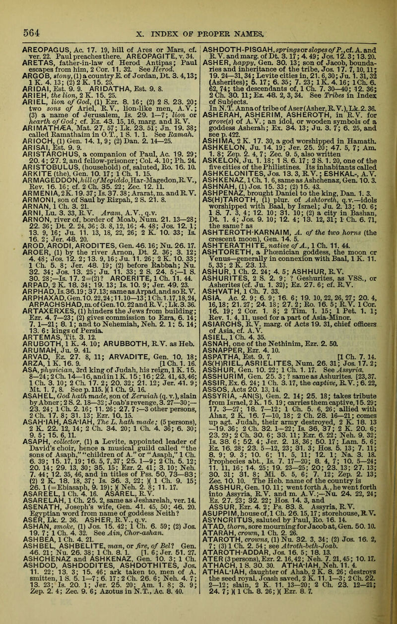 AREOPAGUS, Ac. 17. 19, hill of Ares or Mars, cf. ver. 22. Paul preaches there. AREOPAGITE, v. 34. ARETAS, father-in-law of Herod Antipas; Paul escapes from him, 2 Cor. 11. 32. See Herod. ARGOB, stony, (1) a country E. of Jordan, Dt. 3. 4,13; IK. 4. 13; (2)2K. 15. 25. ARIDAI, Est. 9. 9. ARIDATHA, Est. 9. 8. ARIEH, tftefion, 2K. 15. 25. ARIEL, lion of God, (1) Ezr. 8. 16; (2) 2 S. 23. 20; two sons of Ariel, R.V., lion-like men, A.V.; (3) a name of Jerusalem, Is. 29. 1—7; lion or hearth of God; cf. Ez. 43. 15,16, marg. and R.V. ARIMATH/EA, Mat. 27. 57; Lk. 23. 51; Jn. 19. 38; called Ramathaim in O.T., 1 S. 1. 1. See Eamah. ARIOCHJl) Gen. 14. 1, 9; (2) Dan. 2. 14—25. ARISAI, Est. 9. 9. ARISTARCHUS, a companion of Paul, Ac. 19. 29; 20.4; 27. 2, and fellow-prisoner; Col. 4.10; Ph. 24. ARISTOBULUS, (household) of, saluted, Ro. 16. 10. ARKITE (the), Gen. 10. 17; 1 Ch. 1. 15. AR M AG EDDON,MiJo/Meflriddo,Har-Magedon,R. V., Rev. 16. 16; cf. 2 Ch. 35. 22; Zee. 12. 11. ARM ENI A, 2K. 19.37; Is. 37.38; Ararat, m. and R. V. ARMONI, son of Saul by Rizpah, 2 S. 21. 8. ARNAN, 1 Ch. 3. 21. ARNI, Lu. 3. 33, R.V. Aram, A.V., q.v. ARNON, river of, border of Moab, Num. 21. 13—28; 22. 36; Dt. 2. 24, 36; 3. 8,12,16; 4. 48; Jos. 12. 1; 13. 9, 16; Ju. 11. 13, 18, 22, 26; 2 K. 10. 33; Is. 16. 2; Jer. 48. 20. AROD, ARODI, ARODITES, Gen. 46.16; Nu. 26.17. AROER, (1) by the river Arnon, Dt. 2. 36; 3. 12; 4. 48; Jos. 12. 2; 13. 9,16; Ju. 11. 26; 2 K. 10. 33; 1 Ch. 5. 8; Jer. 48. 19; (2) before Eabbali; Nu. 32. 34; Jos. 13. 25; Ju. 11. 33; 2 S. 24. 5;—1 S. 30. 28;—Is. 17. 2-(2)? AROERITE, 1 Ch. 11. 44. ARPAD, 2 K. 18. 34; 19. 13; Is. 10. 9; Jer. 49. 23. A R PH A D, Is. 36.19; 37.13; same as Arpad, and so R V. AR PH AXA D, Gen.10.22,24; 11.10—13; 1 Ch. 1.17,18,24, A R PAC H S H AD, m. of Gen. 10.22 and R. V.; Lk. 3.36. ARTAXERXES, (1) hinders the Jews from building; Ezr. 4. 7—23; (2) gives commission to Ezra, 6. 14; 7. 1—21; 8. 1; and to Nehemiah, Neh. 2. 1; 5.14; 13. 6: kings of Persia. ARTEMAS, Tit. 3. 12. ARUBOTH, 1 K. 4. 10; ARUBBOTH, R.V. as Heb. ARUMAH, Ju. 9. 41. ARVAD, Ez. 27. 8, 11; ARVADITE, Gen. 10. 18; ARZA, IK. 16. 9. [lCh.1.16. ASA, physician, 3rd king of Judah, his reign, 1K. 15. 8-24; 2 Ch. 14—16, and in 1K. 15; 16; 22. 41,43,46; 1 Ch. 3. 10; 2 Ch. 17. 2; 20. 32; 21. 12; Jer. 41. 9; Mt. 1. 7, 8. See p. 115.)(1 Ch. 9. 16. ASAH EL, God hath made, son of Zeruiah (q. v.), slain by Abner; 2 S. 2.18—32; Joab’srevenge,3.27—30;— 23. 24; ICh. 2.16; 11. 26; 27. 7:—3 other persons, 2Ch. 17. 8; 31. 13; Ezr. 10. 15. ASAH'IAH, ASAMAH, The L. hath made; (5persons), 2 K. 22. 12, 14; 2 Ch. 34. 20; 1 Ch. 4. 36; 6. 30; 9. 5; 15. 6,11. ASAPH, collector, (1) a Levite, appointed leader of David’s choir, hence a musical guild called “the sons of Asaph,” “children of A.” or “Asaph,” 1 Ch. 6. 39; 15. 17,19; 16. 5, 7,37; 25. 1—9; 2 Ch. 5. 12; 20. 14; 29. 13, 30; 35. 15; Ezr. 2. 41; 3.10; Neh. 7. 44; 12. 35, 46, and in titles of Pss. 50, 73—83; (2) 2 K. 18. 18, 37; Is. 36. 3, 22; )( 1 Ch. 9. 15; 26. 1 (=Ebiasaph, 9. 19); K Neh. 2. 8; 11. 17. ASAREEL, 1 Ch. 4. 16. ASAREL, R.V. ASARELAH, 1 Ch. 25. 2, same as Jesharelah, ver. 14. ASENATH, Joseph’s wife, Gen. 41. 45, 50 ; 46. 20. Egyptian word from name of goddess Neith? ASER, Lk. 2. 36. ASHER, R.V., q^^v. ASHAN, smoke, (1) Jos. 15. 42; 1 Ch. 6. 59; (2) Jos, 19. 7; 1 Ch. 4. 32. See Ain, Chor-ashan. ASHBEA, 1 Ch. 4. 21. ASHBEL, man, or fire, of Belt Gen. 46. 21; Nu. 26. 38; 1 Ch. 8. 1. [1. 6; Jer. 51. 27. ASHCHENAZ and ASHKENAZ, Gen. 10. 3; 1 Ch. ASHDOD, ASHDODITES, ASH DOTH ITES, Jos. 11. 22; 13. 3; 15. 46; ark taken to, men of A. smitten, 1 S. 5. 1—7; 6. 17; 2 Ch. 26. 6; Neh. 4. 7; 13. 23; Is. 20. 1; Jer. 25. 20; Am. 1. 8; 3. 9; Zep. 2. 4; Zee. 9. 6; Azotus in N.T., Ac. 8. 40. ASH DOTH - PISG AH, springs or slopes ofP., cf, A. and R. V. and marg. of Dt. 3,17; 4.49; Jos. 12.3; 13.20. ASHER, happy, Gen. 30. 13; son of Jacob, bounda- ries and inheritance of the tribe, Jos. 17. 7,10,11; 19. 24—31,34; Levite cities in, 21.6,30; Ju. 1. 31,32 (Asherites); 5.17; 6. 35; 7. 23; IK. 4.16; ICh. 6. 62, 74; the descendants of, 1 Ch. 7. 30—40; 12. 36; 2 Ch. 30. 11; Ez. 48. 2, 3,34. See Tribes in Index of Subjects. In N.i. Annaof tribe of Aser(Asher,R.V.),Lk.2.36. ASHERAH, ASHER IM, ASHEROTH, in R.V. for grove(s) of A. V.; an idol, or wooden symbols of a goddess Asherah; Ex. 34. 13; Ju. 3. 7; 6. 25, and see p. 422, ASH IM A, 2 K. 17. 30, a god worshipped in Hamath. ASHKELON, Ju. 14. 19; Jer. 25. 20; 47. 5, 7; Am. I. 8; Zep. 2. 4, 7; Zee. 9. 5, also written ASKELON, Ju. 1. 18; 1 S. 6.17; 2 S. 1.20, one of the five cities of the Philistines. Its inhabitants called ASHKELONITES, Jos. 13. 3, R.V.; ESHKAL-, A.V. ASHKENAZ, ICh. 1. 6, same as Ashchenaz, Gen. 10. 3. ASHNAH, (1) Jos. 15. 33; (2) 15. 43. ASHPENAZ, brought Daniel to the king, Dan. 1. 3. AS(H)TAROTH, (1) plur. of Ashtoreth, q.v.—idols worshipped with Baal, by Israel; Ju. 2. 13; 10. 6; 15. 7. 3, 4; 12. 10; 31. 10; (2) a city in Bashan, Dt. 1. 4; Jos. 9. 10; 12. 4; 13. 12, 31; 1 Ch. 6. 71, the same? as ASHTEROTH-KARNAIM, A. of the two horns (the crescent moon), Gen. 14. 5. ASHTERATHITE, native of A., 1 Ch. 11. 44. ASHTORETH, a Phoenician goddess, the moon or Venus—generally in connexion with Baal, IK. 11. Alh^hfeA%4.5;ASHHUR,RV. ASHURITES, 2 S. 2. 9; ? Geshurites, as VSS., or Asherites (cf. Ju. 1. 32); Ez. 27. 6; cf. R.Y. ASHVATH, 1 Ch. 7. 33. ASIA. Ac. 2. 9; 6. 9; 16. 6; 19. 10, 22, 26, 27; 20. 4, 16,18; 21.27; 24. 18; 27. 2; Ro. 16. 5; R.V. ICor. 16. 19; 2 Cor. 1. 8; 2 Tim. 1. 15* 1 Pet. 1. 1; Rev. 1. 4,11, used for a part of Asia-Minor. ASIARCHS, R.V. marg. of Acts 19. 31, chief officers of Asia, cf. A.V. AS I EL, 1 Ch. 4. 35. ASNAH, one of the Nethinim, Ezr. 2. 50. ASNAPPERJEzr. 4. 10. AS PATH A, Est. 9. 7. [1 Ch. 7. 14. AS(H)RIEL, ASRIELITES, Num. 26. 31; Jos. 17.2; ASSHUR, Gen. 10. 22; 1 Ch. 1. 17. See Assyria. ASSHURIM, Gen. 25. 3; ? same as Ashurites. [23,37. ASSIR,Ex. 6. 24; 1 Ch. 3.17, the captive, R.V.; 6.22, ASSOS, Acts 20. 13, 14. ASSYRIA, -ANfS), Gen. 2. 14; 25. 18; takes tribute from Israel, 2 K. 15.19; carries them captive, 15.29; 17. 3—27; 18. 7—12; 1 Ch. 5. 6, 26; allied with Ahaz, 2 K. 16. 7—10, 18; 2 Ch. 28. 16—21; comes up a^. Judah, their army destroyed, 2 K. 18. 13 —19. 36; 2 Ch. 32. 1—22; Is. 36, 37; 2 K. 20. 6; 23. 29 ; 2 Ch. 30. 6; 33. 11; Ezr. 6. 22; Neh. 9. 32; Is. 38. 6; 52. 4; Jer. 2. 18, 36; 50. 17; Lam. 5. 6; Ez. 16. 28; 23. 5-12, 23; 31. 3; Hos. 5. 13; 7. 11; 8. 9; 9. 3; 10. 6; 11. 5, 11; 12. 1; Na. 3. 18. Prophecies abt.. Is. 7. 17—20; 8. 4, 7; 10. 5—24; II. 11, 16; 14. 25; 19. 23—25; 20; 23. 13; 27. 13; 30. 31; 31. 8; ML 5. 5, 6; 7. 12; Zep. 2. 13; Zee. 10. 10. The Heb. name of the country is ASSHUR, Gen. 10.11; went forth A., he went forth into Assyria, R.V. and m. A.V.;—Nil 24. 22, 24; Ez. 27. 23; 32. 22; Hos. 14. 3, and ASS UR, Ezr. 4. 2; Ps. 83. 8. Assyria, R.V. ASU PPIM, house of, 1 Ch. 26.15,17; storehouse, R.V. ASYNCRITUS, saluted by Paul, Ro. 16. 14. AT AD, thorn, sore mourning for Jacob at, Gen. 50.10. ATARAH, crown, 1 Ch. 2. 26. ATAROTH, croions, (l)Nu. 32. 3, 34; (2) Jos. 16. 2, 7; (3) 1 Ch. 2. 54; see Atroth-beth-Joab. ATAROTH-ADDAR, Jos. 16. 5; 18. 13. ATER (3persons), Ezr. 2.16,42; Neh. 7. 21,45; 10.17. ATHACH, 1 S. 30. 30. ATHA-IAH, Neh. 11.4. ATHAL’IAH, daughter of Ahab, 2 K. 8. 26; destroys the seed royal, Joash saved, 2 K. 11.1—3; 2Ch. 22. 2—12; slain, 2 K. 11. 13-20; 2 Ch. 23. 12—21; 24. 7; )( 1 Ch. 8. 26;)( Ezr. 8. 7.