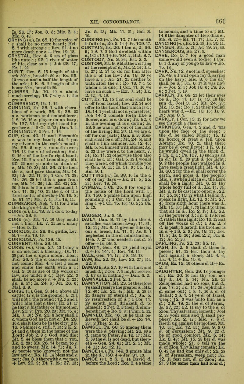 Is. 26. 17; Jon. 3. 8; Mic. 3. 4; Mk. 6. 49. CRYING (n.). Is. 65.19 the voice of ' c. shall be no more heard; Heb. 5. 7 with strong c.; Eev. 21. 4 no more death nor c. + Pro. 19. 18. CRYSTAL, Eev. 4. 6 sea of glass like unto c.; 22. 1 river of water of life, clear as c. + Job 28. 17; Ez. 1. 22. CUBIT, Gen. 6. 15 length of the ark 300 c., breadth 50 c.; Ex. 25. 10 two c. and a half the length of the ark; 1 K. 6. 2 length of the house 60 c.. breadth 20. CUMBER, Lk. 10. 40 c. about ( much serving; 13. 7 why c. it the ground. CUMBRANCE, Dt. 1. 12. CUNNING, Ex. 26. 1 with cheru- bims of c. work, 36. 8; 38. 23 a c. workman and embroiderer; 1 S. 16. 16 c. player on an harp; Ps. 137. 5 let my right hand for- get her c. + 2 Ch. 2. 13; Dan. 1. 4. CUNNINGLY, 2 Pet. 1. 16. CUP, Gen. 40. 11 and Pharaoh’s c. was in my hand; 44. 2 put my silver c. in the sack’s mouth; Ps. 23. 5 my c. runneth over; 116. 13 the c. of salvation; Hab. 2. 16 c. of the Lord’s right hand; Zee. 12. 2 a c. of trembling; Mt. 20. 22 are ye able to drink of c., Mk. 10. 38; Mt. 26. 27 he took the c., and gave thanks, Mk. 14. 23; Lk. 22. 17, 20; 1 Cor. 11. 25; Mt. 26. 39 let this c. pass from me, Mk. 14. 36; Lk. 22. 42; 22. 20 this c. is the new testament, 1 Cor. 11, 25; 10. 21 the c. of the Lord and e. of devils+ Ps. 16. 5; Is. 51. 17; Mk. 7. 4; Jn. 18. 11. CUPBEARER, Neh. 1. 11 for I was the king’s c.-fl K. 10. 5. CURE (n.), Lk. 13. 32 I do c. today -f Jer. 33. 6. CURE (v.), Mt. 17. 16 they could not c. him; Lk. 7. 21 he c. many -f Hos. 5. 13. CURIOUS, Ex. 28. 8 c. girdle. Lev. 8. 7-t-Ac. 19. 19. CURIOUSLY, Ps. 139. 15. CURRENT, Gen. 23. 16. CURSE (n.), Gen. 27. 12 bring a c. on me, not a blessing; Dt. 11. 29 put the c. upon mount Ebal; Pro. 26. 2 the c. causeless shall not come; MaL 4. 6 lest I come and smite the earth with a c.; Gal. 3. 10 as are of the works of law, are under a c.; Eev. 22. 3 shall be no more c. Nu. 5. 23; Ju. 9. 57; Is. 24. 6; Jer. 26. 6; Mai 3 9 CURSE (v.), Gen. 3. 14 c. above all cattle; 17 c. is the ground; 8. 211 will not c. the ground; 12.3 and I will c. him that c. thee; Ex. 21.17 he that c. his father or his mother. Lev. 20. 9; Pro. 20.20; Mt. 15. 4; Mk. 7. 10; Nu. 23. 8 how shall I c. whom God hath not c.; Dt. 28. 16 c. shalt thou be in the city; 2 S. 16. 5 Shimei c. still, 7,13; 2 K. 2. 24 and c. them in the name of the Lord; Job 2. 9 c. God, and die; Mt. 5. 44 bless them that c. you, Lk. 6. 28; Mt. 26. 74 began to c. and to swear, Mk. 14. 71; Jn. 7. 49 people who knoweth not the law are c.; Eo. 12. 14 bless and c. not; Jas. 3. 9 therewith c. we men + Lev. 20. 9; Dt. 7. 26; 27. 13; Ju. 5. 23; Mk. 11. 21; Gal. 3. 10. CURSING (%.), Ps. 10. 7 his mouth is full of c.,Eo. 3.14 + Ps. 109.17. CURTAIN, Ex. 26. 1 ten c., 2; 36. 9; 2 S. 7. 2 God dwelleth within c., 1 Ch. 17.1+Ps. 104.2; Hab. 3.7. CUSTODY, Nu. 3. 36; Est. 2. 3. CUSTOM, Mt. 9.9 Matthew sitting at the receipt of c.,Mk. 2.14; Lk. 5. 27; 2. 27 to do for him after the c. of the law; Jn. 18. 39 ye have a c.; Ac. 21. 21 neither to walk after the c.; Eo. 13. 7 c. to whom c. is due; 1 Cor. 11. 16 we have no such c. + Ezr. 7. 24; Lk. 2. 42; 4. 16. CUT, Ex. 12. 15 that soul shall be c. off from Israel; Lev. 22. 24 not offer to the Lord that which is c.; Dt. 14.1 ye shall not c. yourselves; Job 14. 2 cometh forth like a flower, and is c. down; Ps. 90. 6 in the evening it is c. down; Is. 53. 8 he was c. off out of the land of the living; Ez. 37.11 we are c. off for our parts; Dan. 9. 26 Mes- siah shall be c. off; Mt. 24. 51 and shall c. him asunder, Lk. 12. 46; Mk. 5.5 c. himself with stones; Ac. 6. 33 they were c. to the heart, 7. 54; Eo. 11. 22 otherwise thou also shalt be c. off; Gal. 5. 12 I would they were c. off which trouble you -f Gen. 9. 11; Is. 51. 9; 55. 13; Am. 9. 1. CUTTING (n.). Is. 38. 10 in the c. off of my days + Ex. 31. 5; 35. 33; Lev. 19. 28. CYMBAL, 1 Ch. 25. 6 for song in the house of the Lord with c.; Ps. 150. 5 praise him upon high sounding c.; 1 Cor. 13. 1 a tink- ling c. +1 Ch, 15. 16; 16. 5; 2 Ch. 5. 13. DAGGER, Ju. 3. 16. DAILY, Dan. 8. 11 by him the d. sacrifice was taken away, 11. 31; 12. 11; Mt. 6. 11 give us this day our d. bread, Lk. 11. 3 ; Ac. 6. 1 neglected in the d. ministration; Heb. 7. 27 who needeth not d. to offer-f Is. 58. 2. DAINTY, Gen. 49. 20 yield royal d4-Ps. 141. 4; Eev. 18. 14. DALE, Gen. 14. 17; 2 S. 18. 18. DAM, Ex. 22. 30; Lev. 22. 27; Dt. 22. 6. DAMAGE, Ac. 27.10 with hurt and much d.; 2 Cor. 7. 9 might receive d. by us in nothing + Dan. 6. 2. DAMNABLE, 2 Pet. 2. 1. DAMNATION,Mt. 23.14 therefore ye shall receive the greater d., Mk. 12. 40; Lk. 20. 47; Mk. 3. 29 is in danger of eternal d.; Jn. 5. 29 resurrection of d.; 1 Cor. 11. 29 eateth and drinketh d. to himself; 2 Pet. 2. 3 their d. slum- bereth not -t- Eo. 3. 8; 1 Tim. 5.12. DAMNED, Mk. 16. 16 he that be- lieveth not shall be d. + Eo. 14. 23; 2Thes. 2. 12. DAMSEL, Ps. 68. 25 among them were the d. playing; Mt. 26. 69 a d. came to Peter, Jn. 18. 17; Mk. 5. 39 the d. is not dead, but sleep- eth + Gen. 24. 61; EL 2. 5; ML 14. 11 ■ Ac. 12. 13. DANCe’(ti.), Ps. 149. 3 praise him in the a., 150. 4 -f Jer. 31. 13. DANCE (V.), 2 S. 6. 14 David d. before the Lord; Ecc. 3. 4 a time to mourn, and a time to d.; ML 14.6 the daughter of Herodias d., Mk. 6. 224-Mt. 11. 17; Lk. 7. 32. DANCING(w.),Ex. 32.19; Ps. 30.11. DANGER, ML 5. 21; Ac. 19. 27, 40. DANGEROUS, Ac. 27. 9. DARE, Eo. 5. 7 for a good man some would even d. to die; 1 Cor. 6. 1 d. any of you go to law + Eo. 15. 18. DARK, Xu. 12. 8 not in d. speeches; Ps. 49. 4 I will o^en my a. saying on the harp; Mic. 3. 6 the day shall be d.; Jn. 6. 17 it was nov/ d. -1-Jos. 2. 5; Job 18. 6; Ps. 35. 6; 2 Pet. 1. 19. DARKEN, Ps. 69. 23 let their eyes be d., Eo. 11. 10; Is. 13. 10 the sun d., Joel 3. 15; Mt. 24. 29; Mk. 13. 24; Eo. 1. 21 their foolisli heart was d. 4- Ex. 10. 15; Is. 9. 19; Am. 8. 9. DARKLY, 1 Cor. 13. 12 for now we see through a glass d. DARKNESS, Gen. 1. 2 and d. was upon the face of the deep; 5 the d. he called Night; 15. 12 an horror of great d. fell upon Abram; Ex. 10. 21 that there may be d. over Egypt; 1 EL 8. 12 he would dwell in the thick d., 2 Ch. 6. 1; Ps. 107. 10 such as sit in d.; Is. 5. 20 put d. for light; 9. 2 the people that walked in d. have seen a great light, Mt. 4.16; Is. 60. 2 for the d. shall cover the earth, and gross d. the peOTlc; Mic. 7.8 when I sit in d., the Lord shall be a light; Mt. 6. 23 thy whole body full of d., Lk. 11. 34; Mt. 8.12 be cast into outer d., 22. 13; 25.30; 10.27 what I tell in d., speak in light, Lk. 12. 3; Mt. 27. 45 from sixth hour there was d., Mk. 15.33; Lk. 1. 79 light to them that sit in d., Eo. 2. 19; Lk. 22. 53 the power of d.; Jn. 3.19 loved d. rather than light; Eo. 13.12 cast off the works of d.; 1 Jn. 2. 8 d. is past; 9 hateth his brother is in d. -f 1 S. 2. 9; Ps. 18. 11; Ecc. 11. 8; Is. 5. 30; Joel 2. 2; Jn. 8. 12; Ac. 2. 20. DARLING, Ps. 22. 20; 35. 17. DASH, Ps. 2. 9 shalt d. them in pieces; 91. 12 lest thou d. thy foot against a stone, ML 4. 6; Lk. 4. ll-fEx. 15. 6. DAUB, Ez. 13. 10 others d. it-f-Ex. 2. 3. DAUGHTER, Gen. 29. 18 younger d.; Ex. 20. 10 nor thy son, nor thy d., Dt. 5. 14; Nu. 26. S3 Zelophehad had no sons, but d., Jos. 17. 3; Ju. 11. 34 Jephthah’s d. came out; 1 S. 1. 16 a d. of Belial; 2 S. 1. 24 ye d. of Israel, weep; 12. 3 was unto him as a d.; 2 K. 19. 21 the d. of Jerus.^ Is. 37. 22; 62. 11 say to the d. of Zion, Thy salvation cometh; Joel 2. 28 your sons and d. shall pro- phesy, Aa 2. 17; Mic. 7. 6 d. riseth up against her mother, Mt. 10. 35; Lk. 12. 53; Zee. 9. 9 O d. of Jerusalem; Mt. 9. 22 d. be of good comfort, Mk. 5. 34; Lk. 8. 48; Mt. 15. 28 her d. was made whole; 21. 5 teU ye the d. of Zion, Thy King cometh; Lk. 8. 42 he had one only d.; 23. 28 d. of Jerusalem, weep not; Jn. 12. 15 fear not, d. of Zion; Ac. 21. 9 the same man had four d.;