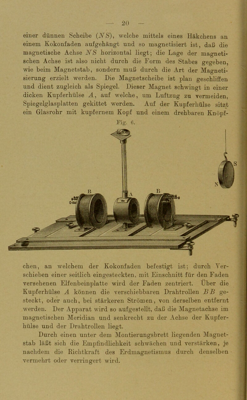 einer dünnen Scheibe (NS), welche mittels eines Häkchens an einem Kokonfaden aufgehängt und so magnetisiert ist, daß die magnetische Achse NS horizontal liegt; die Lage der magneti- schen Achse ist also nicht durch die Form des Stabes gegeben, wie beim Magnetstab, sondern muß durch die Art der Magneti- sierung erzielt werden. Die Magnetscheibe ist plan geschliffen und dient zugleich als Spiegel. Dieser Magnet schwingt in einer dicken Kupferhülse A, auf welche, um Luftzug zu vermeiden, Spiegelglasplatten gekittet werden. Auf der Kupferhülse sitzt ein Glasrohr mit kupfernem Kopf und einem drehbaren Knöpf- Fig. 6. chen, an welchem der Kokonfaden befestigt ist; durch Ver- schieben einer seitlich eingesteckten, mit Einschnitt für den Faden versehenen Elfenbeinplatte wird der Faden zentriert. Uber die Kupferhülse A können die verschiebbaren Drahtrollen BB ge- steckt, oder auch, bei stärkeren Strömen, von derselben entfernt werden. Der Apparat wird so aufgestellt, daß die Magnetachse im magnetischen Meridian und senkrecht zu der Achse der Kupfer- hülse und der Drahtrollen liegt. Durch einen unter dem Montierungsbrett liegenden Magnet- stab läßt sich die Empfindlichkeit schwächen und verstärken, je nachdem die Richtkraft des Erdmagnetismus durch denselben vermehrt oder verringert wird.