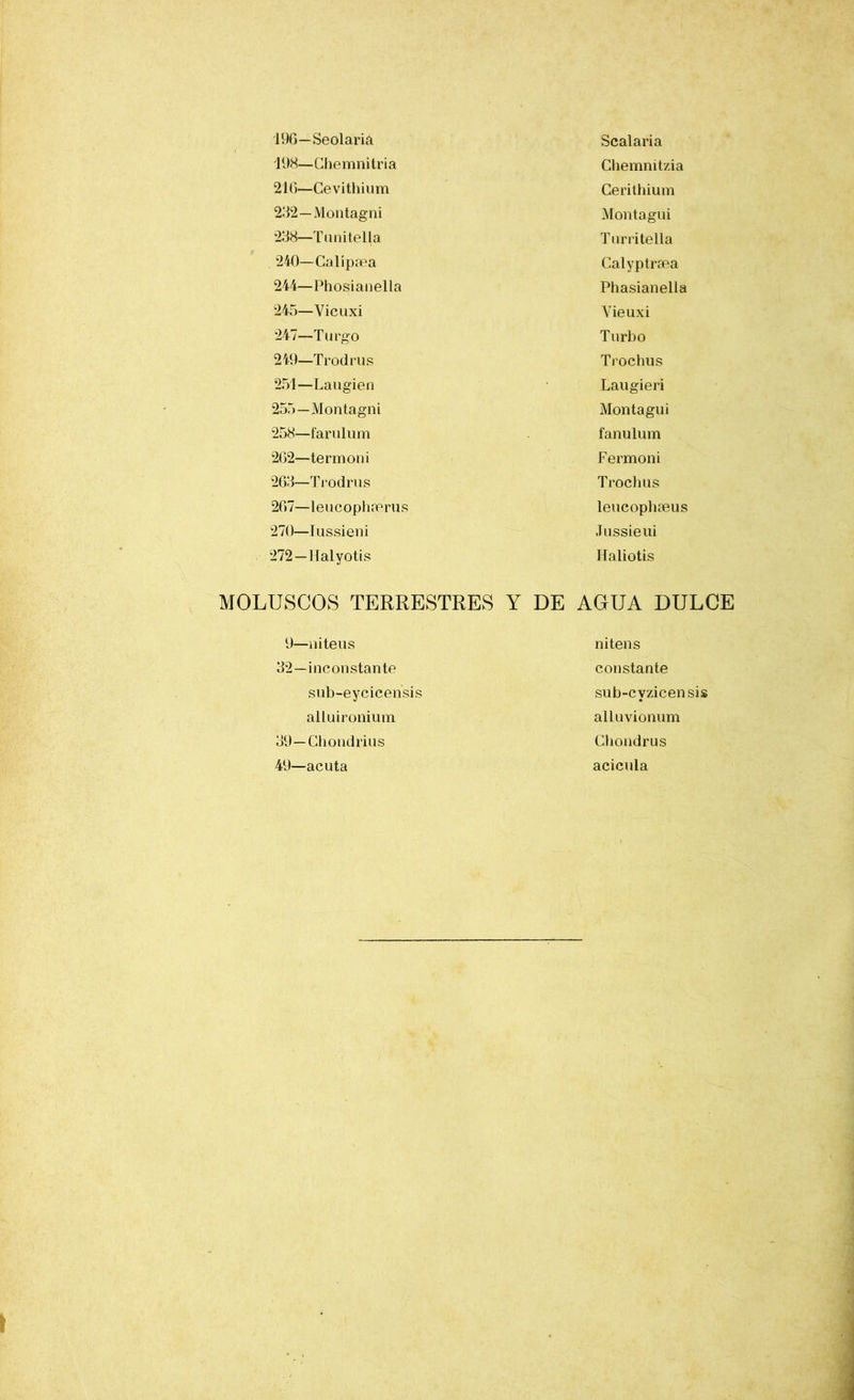 19G—Seolaria 198—Chemnitria 21G—Gevithium 232—Montagni 238—Tnnitella 240—Calípfea 244— Phosianella 245— Vicuxi 247—Turgo 249—Trodrus 251—Laugien 255—Montagni 258—farnlum 2G2—termoni 2G3—Trodrns 2G7—lene opli perú s 270—lussieni 272—Halyotis MOLUSCOS TERRESTRES Y DE 9—niteus 32—inconstante sub-eycicensis alluironium 39—Chondrius 49—acuta Scalaria Chemnitzia Cerithium Monta gui Tnrritella Calyptraea Phasianella Vieuxi Turbo Trochus Laugieri Montagui fanulum Fermoni Trochus leucophaeus Jussieui Haliotis AGUA DULCE nitens constante sub-cyzicensis alluvionum Chondrus acicula