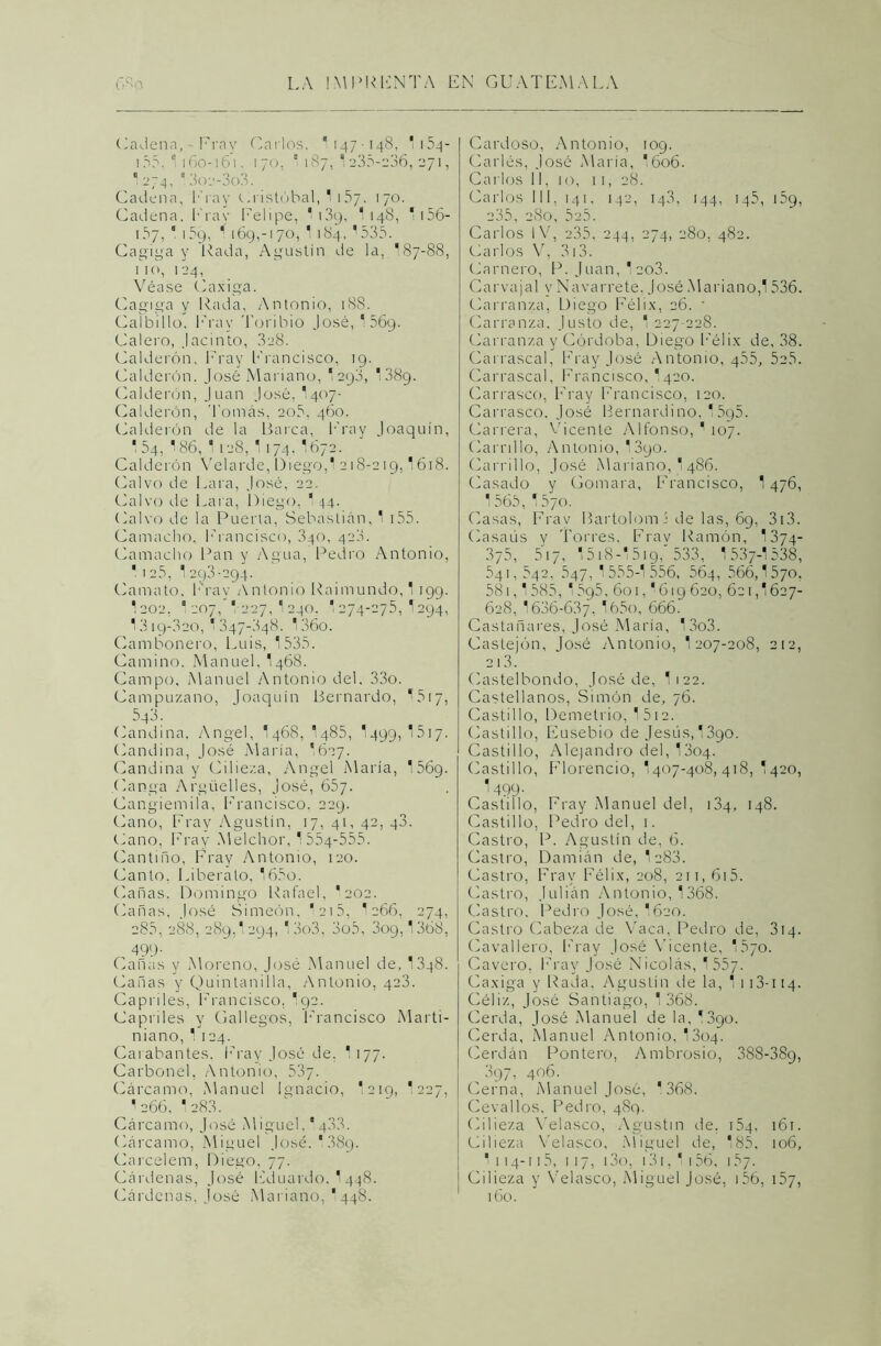Cadena,-Fray Carlos, 1 147-148, I154- 155, °i 160-161. 170, '187, 1235-236, 271, '274, *3o2-3o3. Cadena, Fray Cristóbal, 1 157. 170. Cadena, Fray Felipe, 1 i3g, 1 148, ' 156- 157, 1159, 1 169,-170, 1 184,'535. Cagiga y liada, Agustín de la, 187-88, 110, 124, Véase Caxiga. Cagiga y Rada, Antonio, 188. Calbillo, Fray Toribio José, 569. Calero, Jacinto, 828. Calderón, Fray Francisco, 19. Calderón. José Mariano, 1 298,  38g. Calderón, Juan José. I407- Calderón, Tomás, 205, 460. Calderón de la Barca, Fray Joaquín, 1 54, 186, 1 128, 1 174. 1672. Calderón Velarde, Diego,1 218-219, '618. Calvo de Lara, José, 22. Calvo de Lara, Diego, ' 44. Calvo de la Puerta, Sebastián, 1 155. Camacho, Francisco, 340, 428. Camaclio Pan y Agua, Pedro Antonio, ' 125, 1 293-294. Camato, Fray Antonio Raimundo, 1 199. I202, 1 207, '227,1240. 1 274-275, 1294, 1319-820,1347-848. 136o. C ambón ero, Luis, 1535. Camino. Manuel, 1468. Campo, Manuel Antonio del. 33o. Campuzano, Joaquín Bernardo, *517, 543. Candína, Angel, '468, 1485, 1499, 1517. Candína, José María, '627. Candína y Cilieza, Angel María, 1569. Canga Argüelles, José, 65y. Cangiemila, Francisco, 229. Cano, Fray Agustín, 17, 41, 42, 48. Cano, Fray Melchor, 1554-555. Cantiño, Fray Antonio, 120. Canto, Liberato, 165o. Cañas, Domingo Rafael, I202. Cañas, José Simeón, '215, 1266, 274, 285, 288, 289,1294, 13o3, 3o5, 309,1368, , 499- Cañas y Moreno, José Manuel de, I348. Cañas y Quintanilla, Antonio, 423. Capriles, Francisco, I92. Capriles y Gallegos, Francisco Marti- niano, 1 124. Carabantes, Fray José de, 1177. Carbonel, Antonio, 537- Cárcamo, Manuel Ignacio, I219, 1227, 1 266, 1283. Cárcamo, José Miguel,'488. (Cárcamo, Miguel José,138g. Carcelem, Diego, 77. Cárdenas, José Eduardo, 1448. Cárdenas. José Mariano, '448. Cardóse, Antonio, 109. Carlés, José María, I606. Carlos 11, 10, 11, 28. Carlos 111, 141, 142, 143, 144, 145, U9, 235, 2S0, 525. Carlos IV, 235, 244, 274, 280, 482. Carlos V, 313. Carnero, P. Juan, 1eo3. Carvajal y Navarrete, José Mariano,1536. Carranza, Diego Félix, 26. * Carranza, Justo de, 1 227-228. Carranza y Córdoba, Diego Félix de, 38. Carrascal, Fray José Antonio, 455, 52.5. Carrascal, Francisco, 1420. Carrasco, Fray Francisco, 120. Carrasco, José Bernardino, I5p5. Carrera, Vicente Alfonso, ' 107. Carrillo, Antonio, 1890. Carrillo, José Mariano, 1486. Casado y Gomara, Francisco, 1476, 1565, '570. Casas, Frav Bartolom i de las, 69, 313. Casaús y Torres, Fray Ramón, 1 374- 3/5, 5iy, 1518-1519, 533, 1 537-1538, 54i, 542. 547, 1555-1 556, 564, 566,1570. 581,1585, ‘595, 601, '619620, 621,1627- 628, 1636-637, 165o, 666. Castañares, José María, 13o3. Castejón, José Antonio, 1 207-208, 212, 213. Castelbondo, José de, I122. Castellanos, Simón de, 76. Castillo, Demetrio, 1 512. Castillo, Eusebio de Jesús, 1390. Castillo, Alejandro del, I304. Castillo, Florencio, 1407-408,418,1420, I499. Castillo, Fray Manuel del, 134, 148. Castillo, Pedro del, 1. Castro, P. Agustín de, 6. Castro, Damián de, 1288. Castro, Fray Félix, 208, 211,615. Castro, Julián Antonio, 1368. Castro. Pedro José, I620. Castro Cabeza de Vaca, Pedro de, 314. Cavallero, Fray José Vicente, 15yo. Cavero, Fray José Nicolás, 1 557. Caxiga y Rada, Agustín de la, 1 113-114. Cáliz, José Santiago, 1 368. Cerda, José Manuel de la, *890. Cerda, Manuel Antonio, 1304. Cerdán Pontero, Ambrosio, 388-389, 397, 406. Cerna, Manuel José, 1368. Cevallos, Pedro, 489. Cilieza Velasco, Agustín de. 154, 161. Cilieza Velasco, Miguel de, 185, 106, '114-115, 117, i3o, 131, ' 156, 157. Cilieza y Velasco, Miguel José, 156, 157, 160.