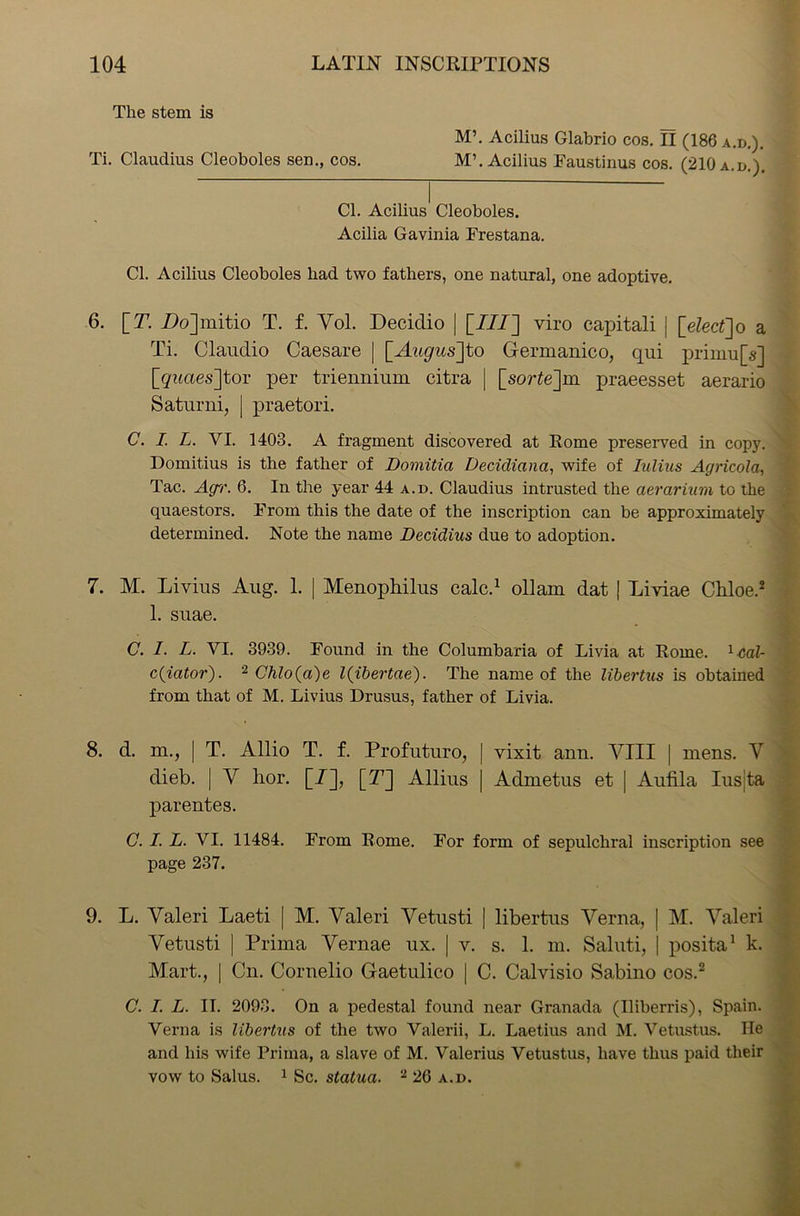 The stem is M\ Acilius Glabrio cos. II (186 a.d.). Ti. Claudius Cleoboles sen., cos. M\ Acilius Faustinus cos. (210 a.d.). Cl. Acilius^ Cleoboles. Acilia Gavinia Frestana. Cl. Acilius Cleoboles had two fathers, one natural, one adoptive. 6. [7. Do]mitio T. f. Vol. Decidio | [7/7] viro capitali j [elect]o a Ti. Claudio Caesare | \_Augus~\to Germanico, qui primu[s] [quaes]tov per triennium citra | [sorte]m praeesset aerario Saturni, | praetori. C. I. L. VI. 1403. A fragment discovered at Rome preserved in copy. Domitius is the father of Domitia Decidiana, wife of Iulius Agricola, Tac. A(/r. 6. In the year 44 a.d. Claudius intrusted the aerarium to the quaestors. From this the date of the inscription can be approximately determined. Note the name Decidius due to adoption. 7. M. Livius Aug. 1. | Menophilus calc.1 ollam dat | Liviae Chloe.2 1. suae. C. I. L. VI. 3939. Found in the Columbaria of Livia at Rome. 1 cal- culator). 2 Chlo(a)e l(ibertae). The name of the libertus is obtained from that of M. Livius Drusus, father of Livia. 8. d. m., | T. Allio T. f. Profuturo, | vixit ann. VIII | mens. V dieb. | V lior. [7], [7] Allius | Admetus et | Aufila Iusjta parentes. C. I. L. VI. 11484. From Rome. For form of sepulchral inscription see page 237. 9. L. Valeri Laeti | M. Valeri Vetusti | libertus Verna, | M. Valeri Vetusti | Prima Vernae ux. | v. s. 1. m. Saluti, | posita1 k. Mart., | Cn. Cornelio Gaetulico | C. Calvisio Sabino cos.2 C. I. L. II. 2093. On a pedestal found near Granada (Iliberris), Spain. Verna is libertus of the two Valerii, L. Laetius and M. Vetustus. He and his wife Prima, a slave of M. Valerius Vetustus, have thus paid their vow to Salus. 1 Sc. statua. 2 26 a.d.