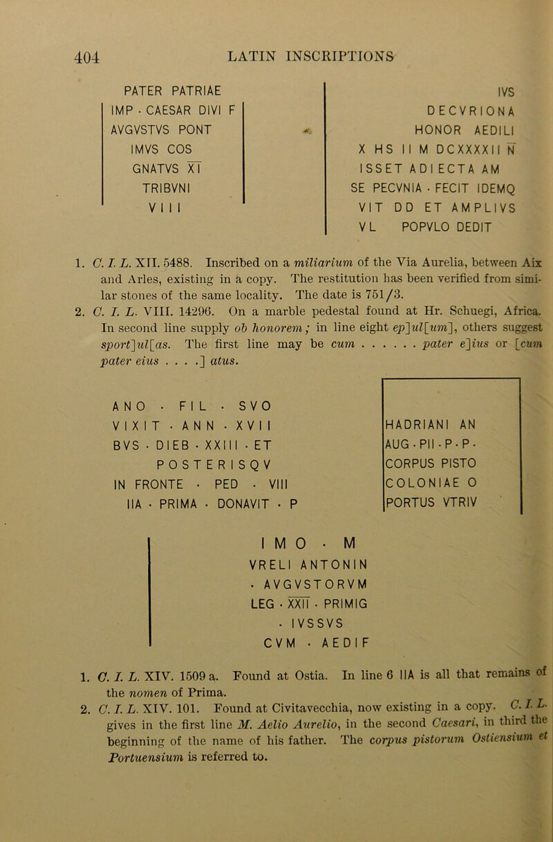 PATER PATRIAE IMP • CAESAR DIVI F AVGVSTVS PONT I MVS COS GNATVS XT TRIBVNI VIII I VS DECVRIONA HONOR AEDILI X HS I I M DCXXXXII N ISSET ADI ECTA AM SE PECVNIA • FECIT IDEMQ VIT DD ET AMPLIVS VL POPVLO DEDIT 1. C. I. L. XII. 5488. Inscribed on a miliarium of the Via Aurelia, between Aix and Arles, existing in h copy. The restitution has been verified from simi- lar stones of the same locality. The date is 751/3. 2. C. I. L. VIII. 14296. On a marble pedestal found at Hr. Schuegi, Africa. In second line supply ob honor era; in line eight ep]ul[um], others suggest sporf]ul[as. The first line may be cum pater e~\ius or [cum pater eius . . . .] atus. ANO • FIL • SVO VIXIT • ANN • XVII BVS • DIEB • XXIII • ET POSTERISQV IN FRONTE • PED . VIII 11A • PRIMA • DONAVIT . P HADRIANI AN AUG • Pll • P- P- CORPUS PISTO COLONIAE 0 PORTUS VTRIV I M 0 • M VR ELI ANTONIN • AVGVST ORVM LEG • XXTT • PRIMIG • IVSSVS CVM • AEDIF 1. C. /. L. XIV. 1509 a. Found at Ostia. In line 6 IIA is all that remains of the nomen of Prima. 2. C. I. L. XIV. 101. Found at Civitavecchia, now existing in a copy. C. 1 L. gives in the first line M. Aelio Aurelio, in the second Caesari, in third the beginning of the name of his father. The corpus pistorum Osliensium et Portuensium is referred to.