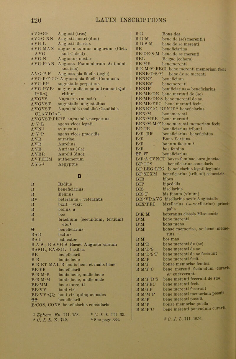 AVGGG Augusti (tres) AVGG NN Augusti nostri (duo) AVG'L Augusti libertus AVG'MAX' augur maxiuius augurum (Cirta AYG and Cuicul) AVG'N Augustus noster AVG'P’AN Augusta Pannonioruin Antonini- ana (ala) AYG'P'F Augusta pia fldelis (legio) AYG'P'FCO Augusta pia fldelis Gommoda AVG'PP augustalis perpetuus AYG'PVB' augur publicus populiromani Qui- P'E'Q ritiuin AVGVS Augustus (mensis) AYGV8T augustalis, augustalitas AYGYST Augustalis (sodalis) Claudialis CLAVDIAL AYGVSTPEEP augustalis perpetuus A’Y'L agens vices legati AVN1 avunculus A'V'P agens vices praesidis AVE aurariae AYE Aurelius AYE Auriana (ala) AVEE Aurelii (duo) AVTHEM authemerum AYG2 Aegyptus B B B B B3 B B B B Badius beneficiarius Belinus beteranus = veteranus bixit = vixit bonus, a bos brachium (secundum, tertium) etc.4 & beneficiarius BAD badius BAL balneator IGA'S ; B'AYG'S Bacaci Augusto sacrum BASIL, BASSIL basilica BB beneficiarii B'B bonis bene B'B'ET'MAL'B bonis bene et malis bene BB'FF beneficiarii B'B'M'B bonis bene, malis bene B'B'M'M bonis bene, malis male BB'MM bene merenti BB'YV boni viri BB'YV'QQ boni viri quinquennales BB beneficiarii B'GOS, CONS beneficiarius consularis ». Ep. III. 158. 2 C. I. L. III. 35. B'D Bona dea B'D'M bene de (se) merenti ? B'D'S'M bene de se merenti BE beneficiarius BE'DE'S'M bene de se merenti BEL Belgae (cohors) BE'ME benemerenti B'E'M'M'FECI bene merenti memoriam fecit BENE'D'S'M bene de se merenti BENEF beneficium BENEM benemerenti BENIF benificiarius= beneficiarius BE'ME'DE bene merenti de (se) BE'ME'DE'S bene merenti de se BE'ME'FEC bene merenti fecit BENEFIC, BENIF6 beneficiarius BEN'M benemerenti BEN'MER bene merenti BEN'M'M'F bene merenti memoriam fecit BE'TE beneficiarius tribuni B'F, BF beneficiarius, beneficiatus B'F Bona Fortuna B'F bonum factum ? B'F bos femina •BF, EF beneficiarius B'F'A'IVNCT boves feminae auro junctae BF'COS beneficiarius consularis BF'LEG'LEG beneficiarius legati legionis BF'SEXM beneficiarius (tribuni) semestris BIB bibes BIP bipedalis BIS bisellarius BIS F bis fusum (vinurn) BIS'YI'AYG bisellarius sevir Augustalis BIX'PEI bixellarius (= vexillarius) princi- palis B'K M beteranus classis Misenensis B'M bene merenti B'M bona mens B'M bonae memoriae, or bene memo- rius B'M bos mas B M'D bene merenti de (se) B M'D'S bene merenti de se B'M'D'S'F bene merenti de se fecerunt B M'F bene merenti fecit B'M'F bonae memoriae femina B'M'F'O bene merenti faciundum curavit or curaverunt B'M'F'D'S bene merenti fecerunt de suo B'M'FEG bene merenti fecit B'M’FF bene merenti fecerunt B M'M'P bene merenti memoriam posuit B'M'P bene merenti posuit B'M'P bonae memoriae puella B'M'P'C bene merenti ponendum curavit