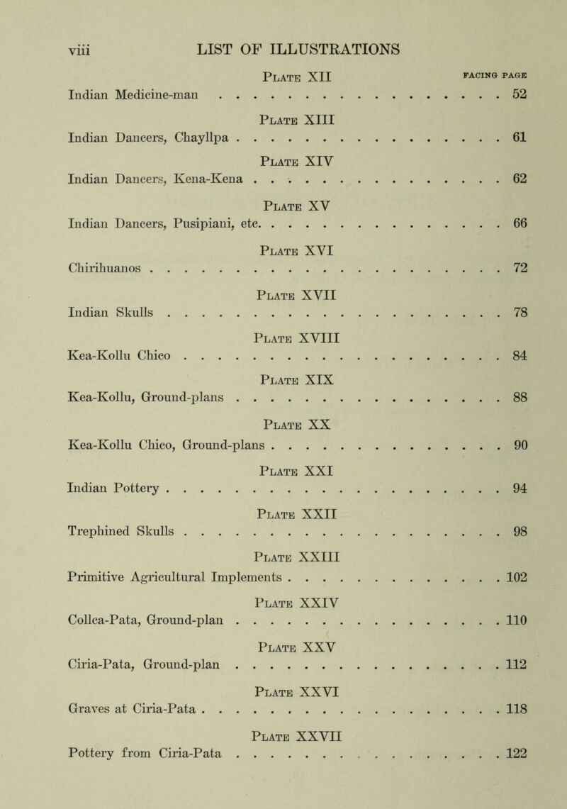 Plate XII facing page Indian Medicine-man 52 Plate XIII Indian Dancers, Chayllpa 61 Plate XIY Indian Dancers, Kena-Kena 62 Plate XV Indian Dancers, Pusipiani, etc 66 Plate XVI Chirihuanos 72 Plate XVII Indian Skulls 78 Plate XVIII Kea-Kollu Chico 84 Plate XIX Kea-Kollu, Ground-plans 88 Plate XX Kea-Kollu Chico, Ground-plans 90 Plate XXI Indian Pottery 94 Plate XXII Trephined Skulls 98 Plate XXIII Primitive Agricultural Implements 102 Plate XXIV Collca-Pata, Ground-plan 110 Plate XXV Ciria-Pata, Ground-plan 112 Plate XXVI Graves at Ciria-Pata 118 Plate XXVII Pottery from Ciria-Pata 122