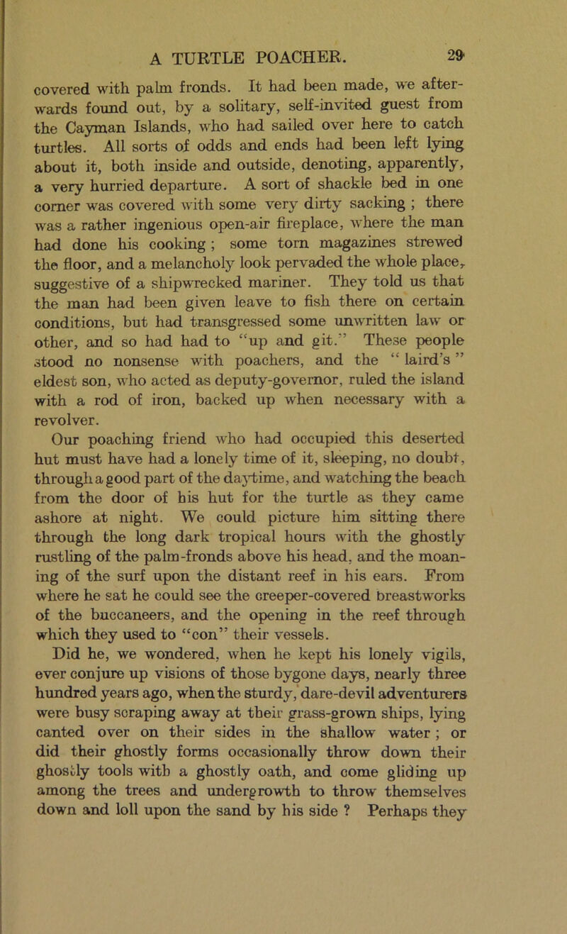A TURTLE POACHER. covered with palm fronds. It had been made, we after- wards found out, by a solitary, self-invited guest from the Cayman Islands, who had sailed over here to catch turtles. All sorts of odds and ends had been left lying about it, both inside and outside, denoting, apparently, a very hurried departure. A sort of shackle bed in one comer was covered with some very dirty sacking ; there was a rather ingenious open-air fireplace, where the man had done his cooking ; some tom magazines strewed the floor, and a melancholy look pervaded the whole place, suggestive of a shipwrecked mariner. They told us that the man had been given leave to fish there on certain conditions, but had transgressed some unwritten law or other, and so had had to “up and git.” These people stood no nonsense with poachers, and the “ laird’s ” eldest son, who acted as deputy-governor, ruled the island with a rod of iron, backed up when necessary with a revolver. Our poaching friend who had occupied this deserted hut must have had a lonely time of it, sleeping, no doubt, through a good part of the dajiiime, and watching the beach from the door of his hut for the turtle as they came ashore at night. We could picture him sitting there through the long dark tropical hours with the ghostly mstling of the palm-fronds above his head, and the moan- ing of the surf upon the distant reef in his ears. From where he sat he could see the creeper-covered breastworks of the buccaneers, and the opening in the reef through which they used to “con” their vessels. Did he, we wondered, when he kept his lonely vigils, ever conjure up visions of those bygone days, nearly three hundred years ago, when the sturdy, dare-devil adventurers were busy scraping away at their grass-grown ships, lying canted over on their sides in the shallow water ; or did their ghostly forms occasionally throw down their ghostly tools with a ghostly oath, and come gliding up among the trees and undergrowth to throw themselves down and loll upon the sand by his side ? Perhaps they