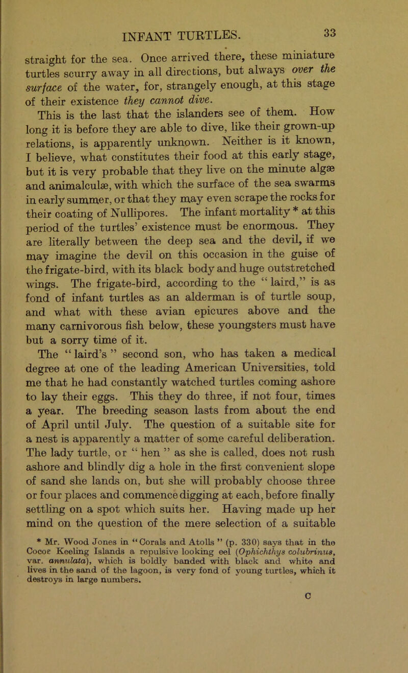 INFANT TURTLES. straight for the sea. Once arrived there, these miniature turtles scurry away in all directions, but always over the surface of the water, for, strangely enough, at this stage of their existence they cannot dive. This is the last that the islanders see of them. How long it is before they are able to dive, like their grown-up relations, is apparently unknown. Neither is it known, I believe, what constitutes their food at this early stage, but it is very probable that they live on the minute algae and animalculae, with which the surface of the sea swarms in early summer, or that they may even scrape the rocks for their coating of NuUipores. The infant mortahty * at this period of the turtles’ existence must be enormous. They are literally between the deep sea and the devil, if we may imagine the devil on this occasion in the guise of the frigate-bird, with its black body and huge outstretched uongs. The frigate-bird, according to the “ laird,” is as fond of infant turtles as an alderman is of turtle soup, and what with these avian epicures above and the many carnivorous fish below, these youngsters must have but a sorry time of it. The “ laird’s ” second son, who has taken a medical degree at one of the leading American Universities, told me that he had constantly watched turtles coming ashore to lay their eggs. This they do three, if not four, times a year. The breeding season lasts from about the end of April until July. The question of a suitable site for a nest is apparently a matter of some careful deliberation. The lady turtle, or “ hen ” as she is called, does not rush ashore and bhndly dig a hole in the first convenient slope of sand she lands on, but she will probably choose three or four places and commence digging at each, before finally settling on a spot which suits her. Having made up her mind on the question of the mere selection of a suitable * Mr. Wood Jones in “Corals and Atolls ” (p. 330) says that in the Cocoe Keeling Islands a repulsive looking eel (Ophichthya colubrinua, var. awnulata), which is boldly banded with black and white and lives in the sand of the lagoon, is v'ery fond of young turtles, which it destroys in large numbers. C