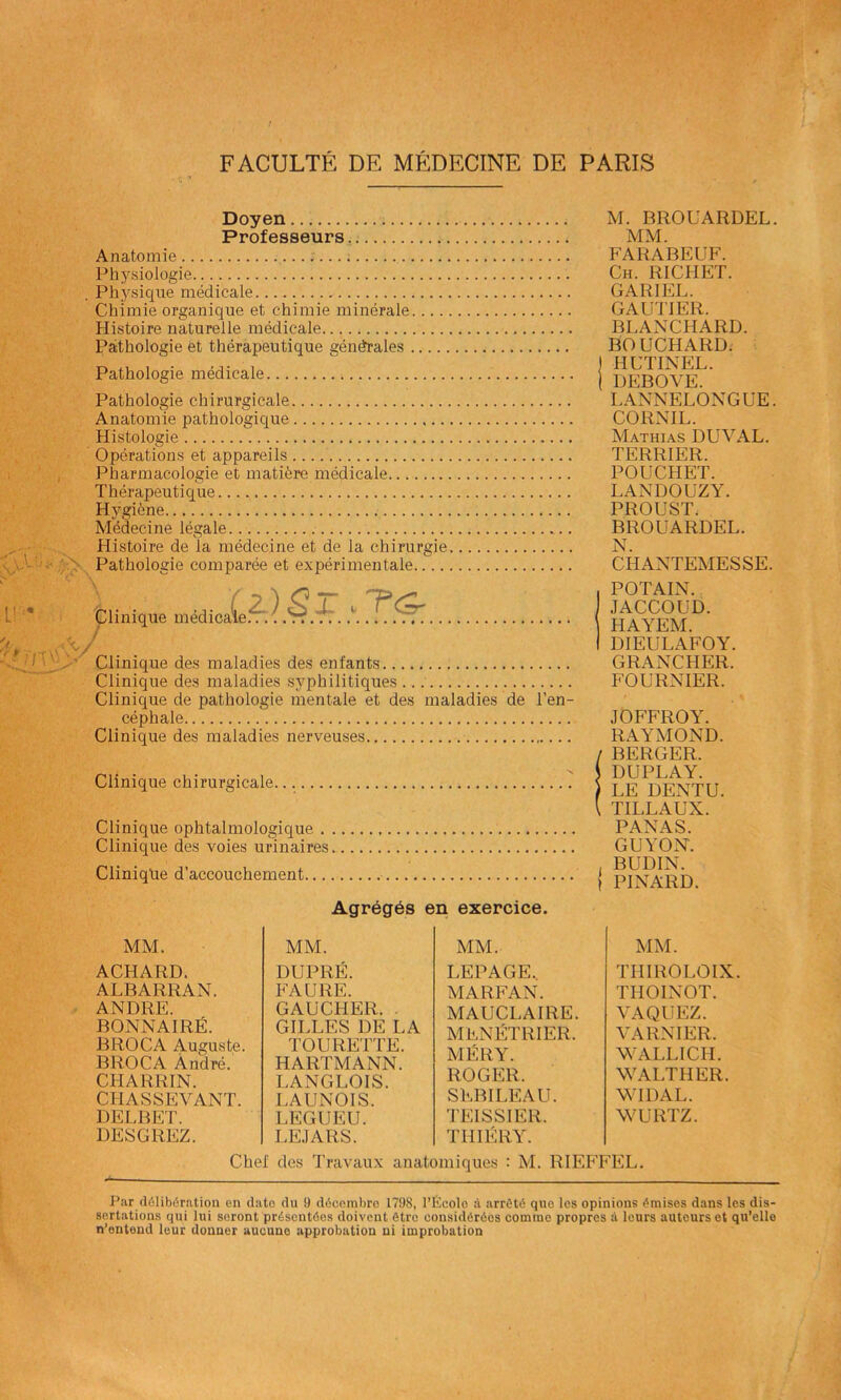 Doyen Professeurs. Anatomie Physiologie . Physique médicale Chimie organique et chimie minérale.... Histoire naturelle médicale Pathologie et thérapeutique générales Pathologie médicale Pathologie chirurgicale Anatomie pathologique Histologie Opérations et appareils Pharmacologie et matière médicale Thérapeutique Hygiène Médecine légale Histoire de la médecine et de la chirurgie Pathologie comparée et expérimentale.... M. BROUARDEL. MM. FARABEUF. Ch. RICHET. GA REEL. GAUTIER. BLANCHARD. BOUCHARD. 1 HUTINEL. 1 DEBOVE. LANNELONGUE. CORNIL. Mathias DU VAL. TERRIER. POUCHET. LANDOUZY. PROUST. BROUARDEL. N. CHAXTEMESSE. !1 • U h Clinique médica / (^2.) X ^ 7*(zr Clinique des maladies des enfants Clinique des maladies syphilitiques Clinique de pathologie mentale et des maladies de l’en- céphale Clinique des maladies nerveuses Clinique chirurgicale Clinique ophtalmologique . Clinique des voies urinaires Clinique d’accouchement... POTAIN. JACCOUD. HAYEM. DIEULAFOY. GRANCHER. FOURNIER. JOFFROY. RAYMOND. / BERGER. J DUPLAY. ) LE DENTU. I TILLAUX. PANAS. GUYON. . BUDIN. { PINARD. Agrégés en exercice. MM. ACHARD. ALBARRAN. ANDRE. BONNAIRÉ. BROCA Auguste. BROCA André. CHARRIN. CHASSEVANT. DELBET. DESGREZ. MM. DUPRÉ. FAURE. GAUCHER. . GILLES DE LA TOURETTE. HARTMANN. LANGLOIS. LAUNOIS. LEGUEU. LEJARS. MM. LEPAGE.. MARFAN. MAUCLA1RE. MENETRIER. MËRY. ROGER. SEBILEAU. TEISSIER. THIÉRY. MM. THIROLOIX. THOINOT. VAQUEZ. VARNIER. WALLICH. WALTHER. WIDAL. WURTZ. Chef des Travaux anatomiques : M. RIEFFEL. Par délibération en dato du 9 décembre 1798, l’École à arrêté que les opinions émises dans les dis- sertations qui lui seront présentées doivent être considérées comme propres à leurs auteurs et qu’elle n’ontond leur donner aucune approbation ni improbation