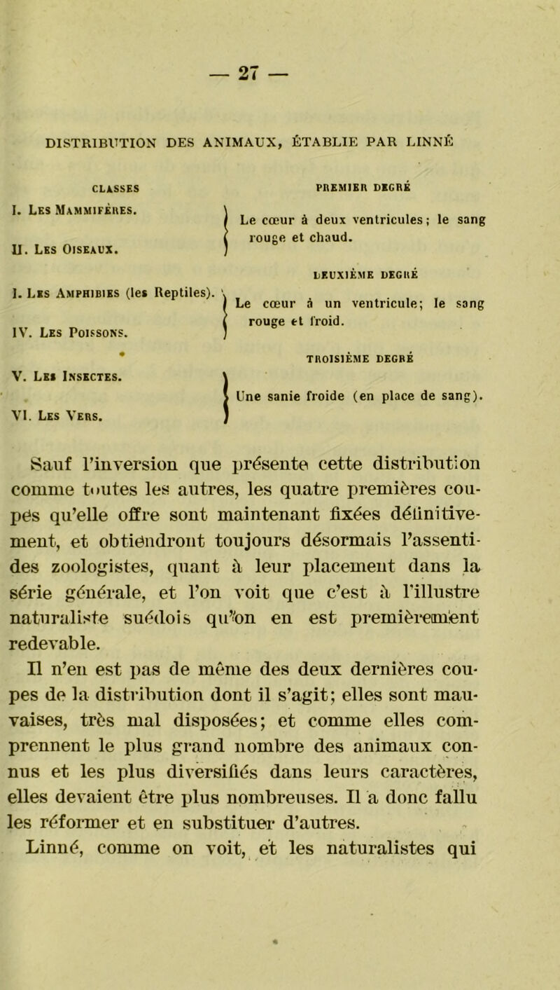 CLASSES I. Les Mammifères. II. Les Oiseaux. I. Les Amphibies (les Reptiles). IV. Les Poissons. V. Les Insectes. VI. Les Vers. PREMIER DEGRÉ Le cœur à deux ventricules; le sang rouge et chaud. DEUXIÈME DEGRÉ Le cœur à un ventricule; le sang rouge et froid. TROISIÈME DEGRÉ Une sanie froide (en place de sang). Sauf rinversion que présente cette distribution comme toutes les autres, les quatre premières cou- pés qu’elle offre sont maintenant fixées définitive- ment, et obtiéndront toujours désormais l’assenti- des zoologistes, quant à leur placement dans la série générale, et l’on voit que c’est à l’illustre naturaliste suédois qu’ton en est premièrement redevable. Il n’en est pas de même des deux dernières cou- pes de la distribution dont il s’agit; elles sont mau- vaises, très mal disposées; et comme elles com- prennent le plus grand nombre des animaux con- nus et les plus diversifiés dans leurs caractères, elles devaient être plus nombreuses. Il a donc fallu les réformer et en substituer d’autres. Linné, comme on voit, et les naturalistes qui