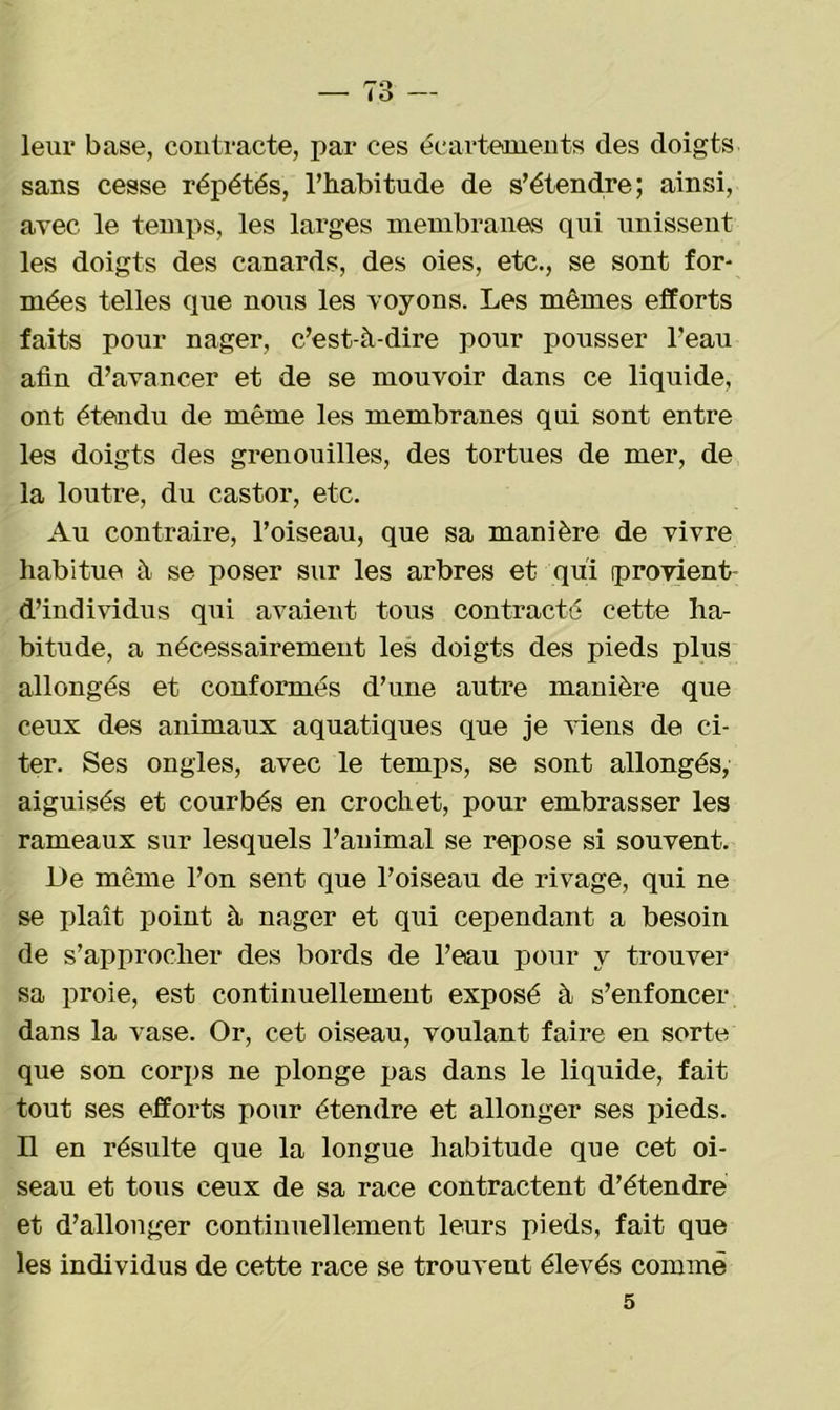 leur base, contracte, par ces écartements des doigts sans cesse répétés, l’habitude de s’étendre; ainsi, avec le temps, les larges membranes qui unissent les doigts des canards, des oies, etc., se sont for- mées telles que nous les voyons. Les mêmes efforts faits pour nager, c’est-à-dire pour pousser l'eau afin d’avancer et de se mouvoir dans ce liquide, ont étendu de même les membranes qui sont entre les doigts des grenouilles, des tortues de mer, de la loutre, du castor, etc. Au contraire, l’oiseau, que sa manière de vivre habitue à se poser sur les arbres et qui provient- d’individus qui avaient tous contracté cette ha- bitude, a nécessairement les doigts des pieds plus allongés et conformés d’une autre manière que ceux des animaux aquatiques que je viens de ci- ter. Ses ongles, avec le temps, se sont allongés, aiguisés et courbés en crochet, pour embrasser les rameaux sur lesquels l’animal se repose si souvent. De même l’on sent que l’oiseau de rivage, qui ne se plaît point à nager et qui cependant a besoin de s’approcher des bords de l’eau pour y trouver sa proie, est continuellement exposé à s’enfoncer dans la vase. Or, cet oiseau, voulant faire en sorte que son corps ne plonge pas dans le liquide, fait tout ses efforts pour étendre et allonger ses pieds. Il en résulte que la longue habitude que cet oi- seau et tous ceux de sa race contractent d’étendre et d’allonger continuellement leurs pieds, fait que les individus de cette race se trouvent élevés comme