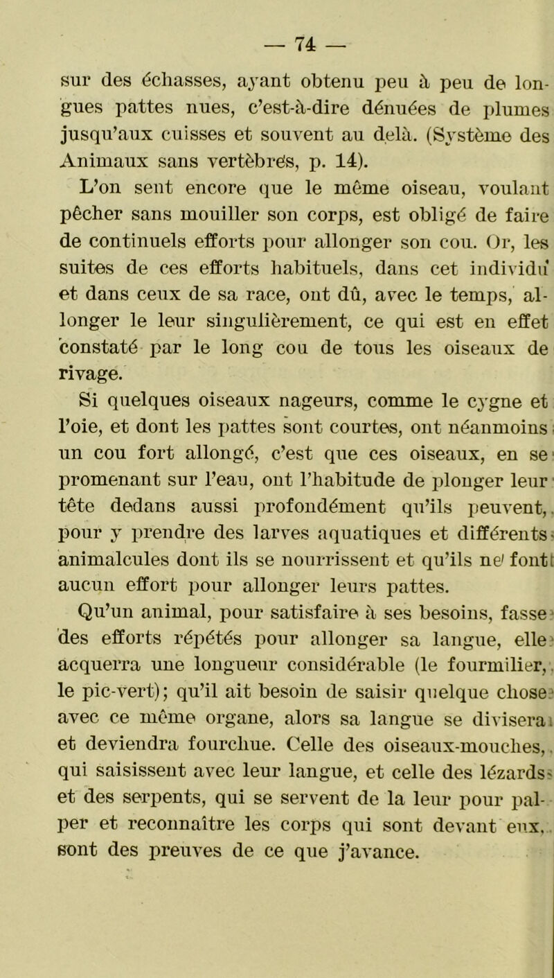 sur des déliassés, ayant obtenu peu à peu de lon- gues pattes nues, c’est-à-dire dénuées de plumes jusqu’aux cuisses et souvent au delà. (Système des Animaux sans vertébrés, p. 14). L’on sent encore que le même oiseau, voulant pêcher sans mouiller son corps, est obligé de faire de continuels efforts pour allonger son cou. Or, les suites de ces efforts habituels, dans cet individu et dans ceux de sa race, ont dû, avec le temps, al- longer le leur singulièrement, ce qui est en effet constaté par le long cou de tous les oiseaux de rivage. Si quelques oiseaux nageurs, comme le cygne et l’oie, et dont les pattes sont courtes, ont néanmoins ■ un cou fort allongé, c’est que ces oiseaux, en se promenant sur l’eau, ont l’habitude de plonger leur tête dedans aussi profondément qu’ils peuvent,. pour y prendre des larves aquatiques et différents- animalcules dont ils se nourrissent et qu’ils ne1 fontt aucun effort pour allonger leurs pattes. Qu’un animal, pour satisfaire à ses besoins, fasse des efforts répétés pour allonger sa langue, elle acquerra une longueur considérable (le fourmilier,. le pic-vert); qu’il ait besoin de saisir quelque chose avec ce même organe, alors sa langue se diviserai et deviendra fourchue. Celle des oiseaux-mouches, qui saisissent avec leur langue, et celle des lézards- et des serpents, qui se servent de la leur pour pal- per et reconnaître les corps qui sont devant eux. sont des preuves de ce que j’avance.