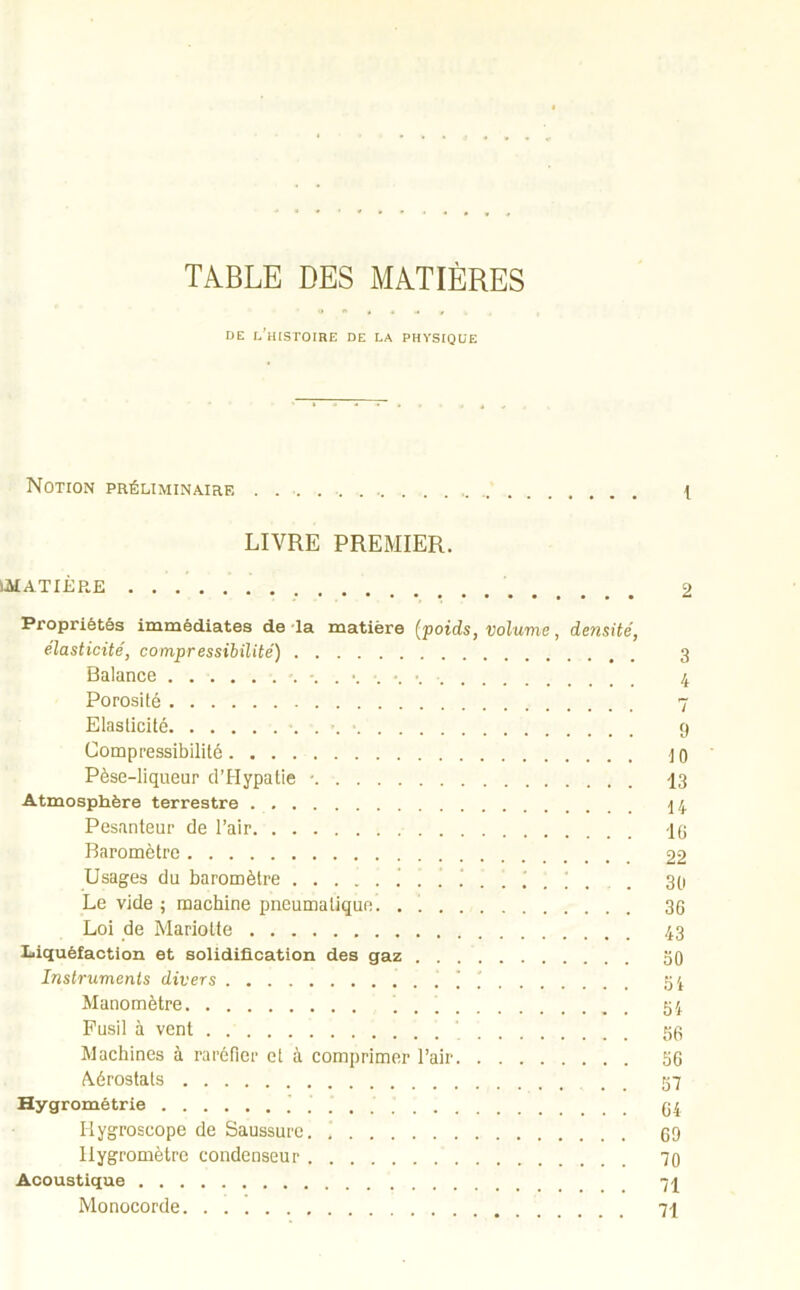 DE L’HISTOIRE DE LA PHYSIQUE Notion préliminaire { LIVRE PREMIER. LMATIÈRE 2 Propriétés immédiates de la matière (poids, volume, densité, élasticité, compressibilité) 3 Balance 4 Porosité 7 Elasticité g Compressibilité ] 0 Pèse-liqueur d’Hypatie - 13 Atmosphère terrestre 44 Pesanteur de l’air Ig Baromètre 22 Usages du baromètre .............. 30 Le vide ; machine pneumatique. . 36 Loi de Mariotte 43 Liquéfaction et solidification des gaz . . 30 Instruments divers Si Manomètre Si Fusil à vent S6 Machines à raréfier et à comprimer l’air 56 Aérostats 57 Hygrométrie 04 Ilygroscope de Saussure 69 Hygromètre condenseur 70 Acoustique 71 Monocorde 71