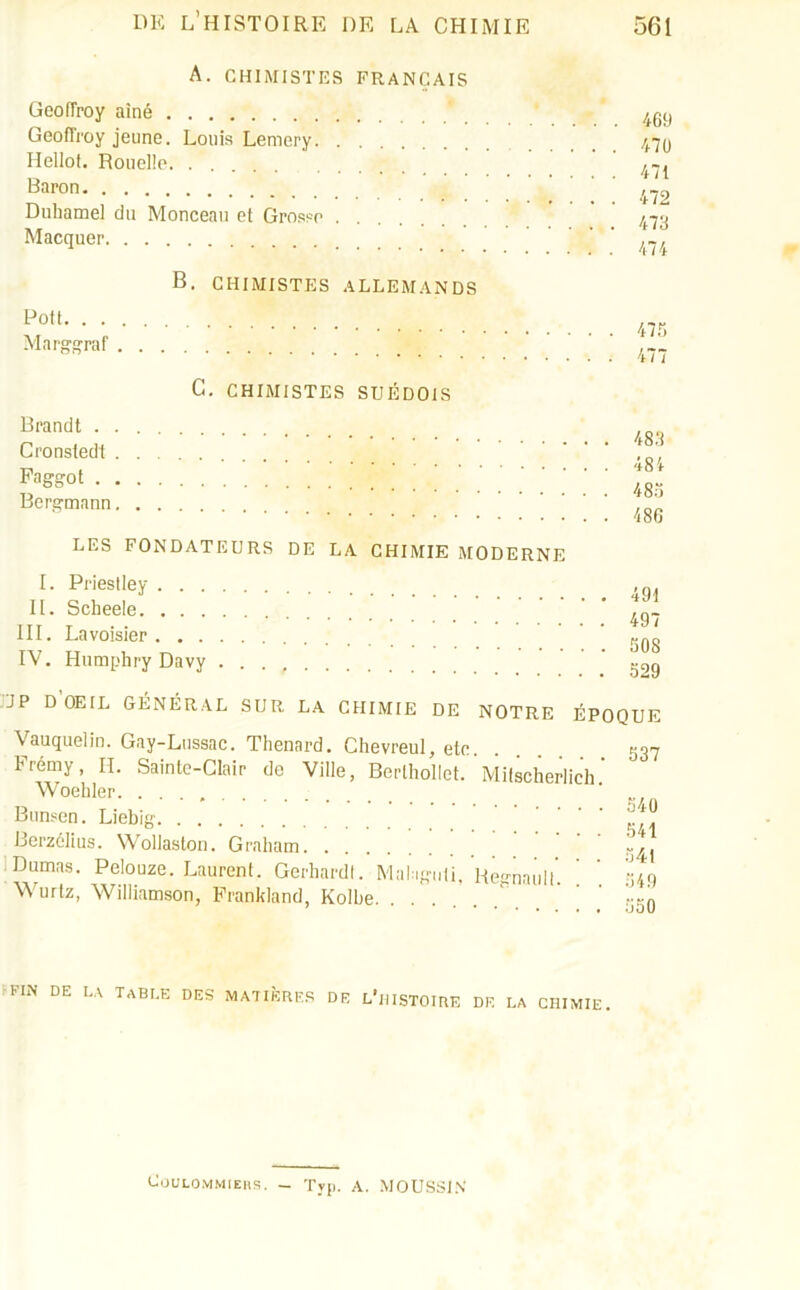 A. CHIMISTES FRANÇAIS Geoffroy aîné Geoffroy jeune. Louis Lemery Hellot. Rouelle ; Baron Duhamel du Monceau et Grosse Macquer B. CHIMISTES ALLEMANDS Pott Marggraf C. CHIMISTES SUÉDOIS 469 470 471 472 473 474 476 477 Brandt . . Cronstedt . Faggot . . Bergmann. 483 484 485 486 LES FONDATEURS DE LA CHIMIE MODERNE I. Priestley . . . . II. Scheele III. Lavoisier . . . . IV. Humphry Davy . 491 497 508 529 JP DOEIL GÉNÉRAL SUR LA CHIMIE DE NOTRE ÉPOQUE V auquel in. Gay-Lussac. Thénard. Chevreul, etc 537 hrémy, II. Sainte-Clair de Ville, Berlhollet. Mitscherlich Woehler ’ Bunsen. Liebig ' 341 Berzélius. Wollaston. Graham 541 Dumas. Pelouze. Laurent. Gerhardt. Malaguti, Régnault' 549 Wurtz, Williamson, Frankland, Kolbe. ...../ ’ KIM de la table des matières de l’histoire DE LA CHIMIE. Cûulommiers. - Typ. A. MOUSSlN