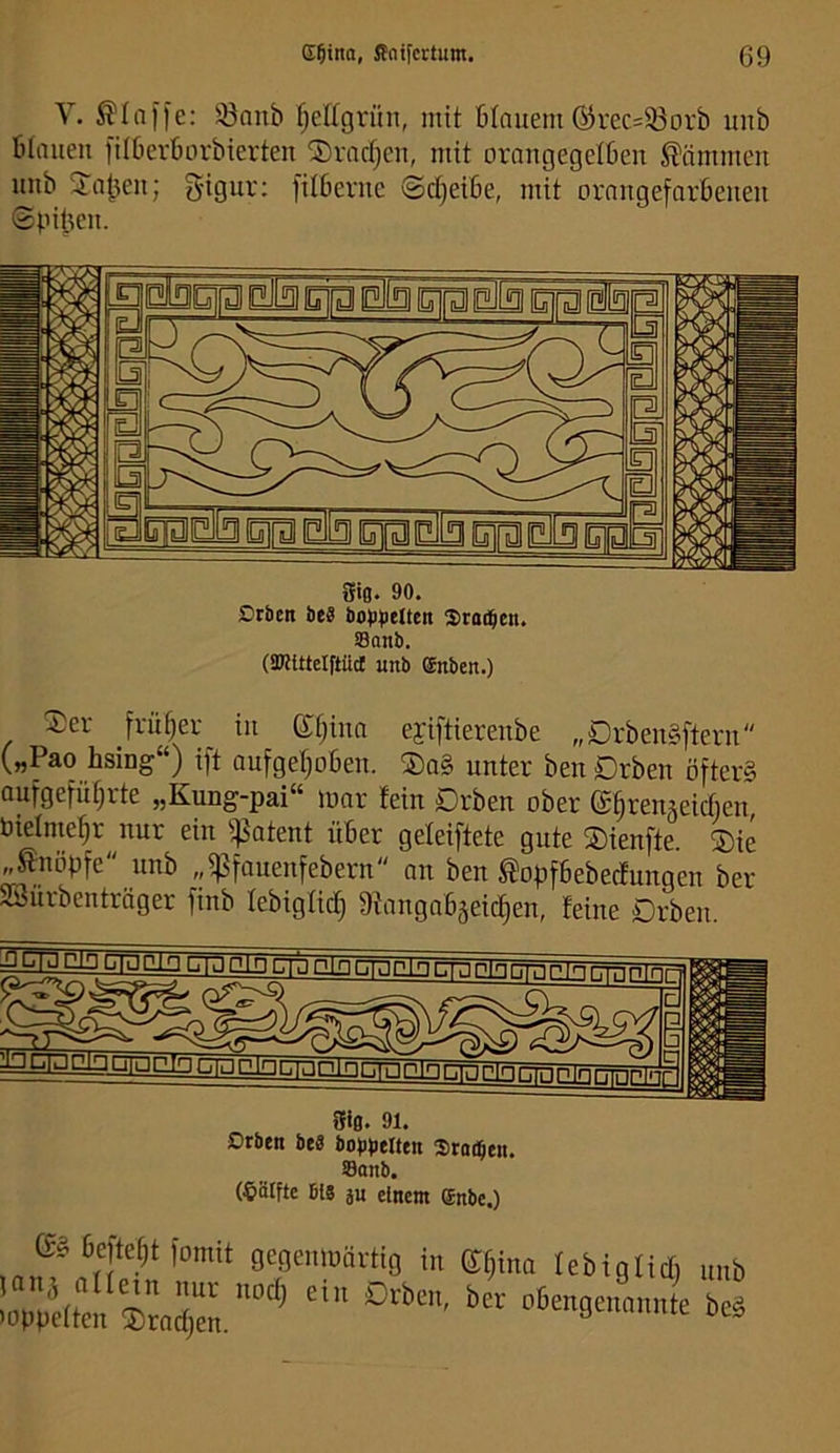 Y. ^In))e: iöonb f;ettgrün, mit blauem@rec=S3orb uub btaiien litberbnrbierten SDvncfjen, mit orangegelOen dämmen uub 5-iguv: filberuc @ct)ei6e, mit ornugefarbeuen Spiben. 3i0. 90. Otben be? bop^jeltcn arot^cn. Sanb. (SKtttelftüdC unb ®nben.) Ser früt;er^ in etjiun eyiftierenbe „DrbenSfteni oufgetjoben. So§ unter ben Drbeu ö[ter§ aufgefü^rte „Kung-pai“ mar fein Drbeu ober S^renjeicbeu, öielnm^r nur ein ^]Satent über geleiftete gute Sienfte. Sic ^uöpfe unb „ipfauenfebern an ben ^opfbebecfimgen ber SSürbeutröger finb lebiglid^ 9iaugabäeicl§en, feine Drbeu. Sifl. 91. Drben beä bolnieUen Sroi^en. ®atib. (Hälfte Bts au einem ®nbe.) e« Cefte^t fomit gcflcmoärtio i E^rao tebiglicr, unb /ebc.