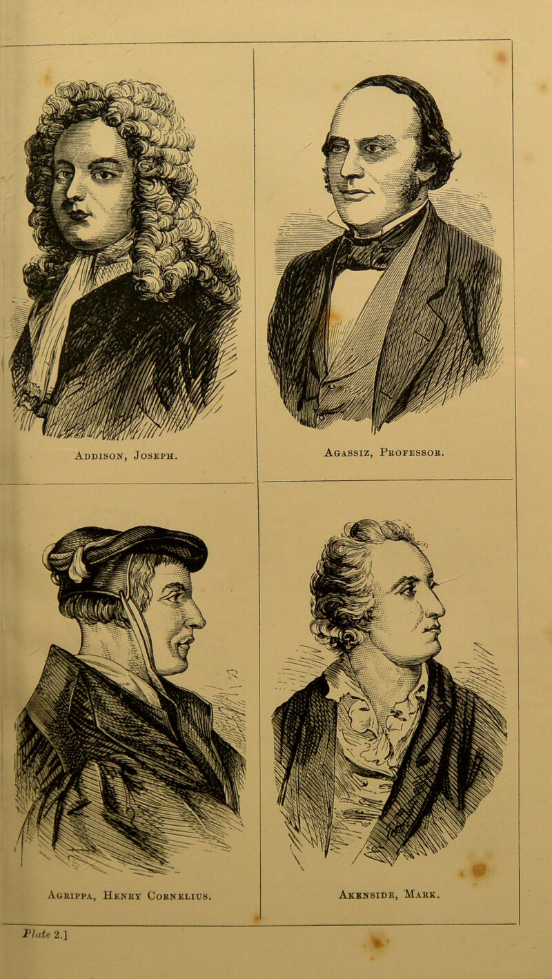 Addison, Joseph. Agassiz, Pkofessob. Akbnside, Make. Ageippa, Henby Cokneeius. Plate 2.]