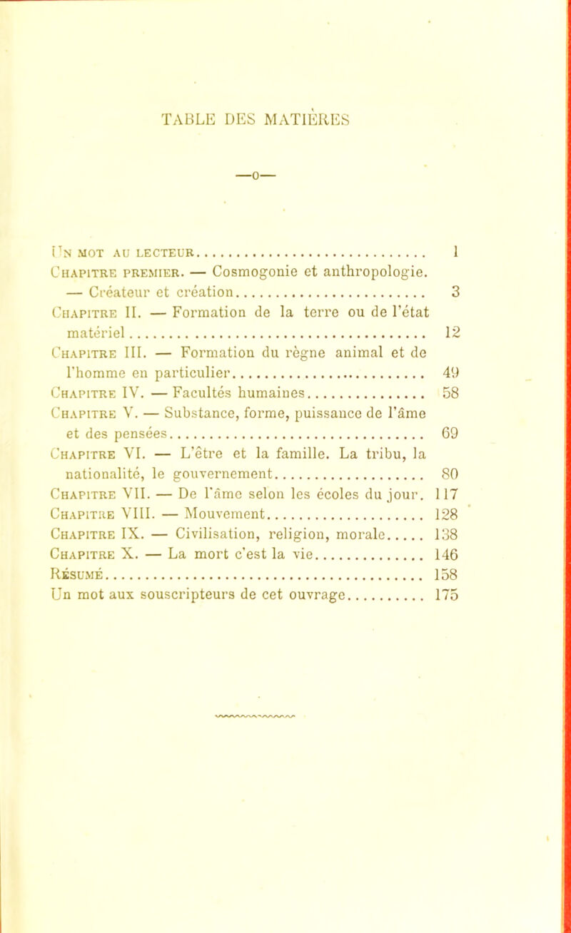 TABLE DES MATIERES Un mot au lecteur 1 Chapitre premier. — Cosmogonie et anthropologie. — Créateur et création 3 Chapitre II. — Formation de la terre ou de l’état matériel 12 Chapitre III. — Formation du règne animal et de l’homme en particulier 49 Chapitre IV. — Facultés humaines 58 Chapitre V. — Substance, forme, puissance de l’âme et des pensées 69 Chapitre VI. — L’être et la famille. La tribu, la nationalité, le gouvernement 80 Chapitre VII. — De l’âme selon les écoles du jour. 117 Chapitre VIII. — Mouvement 128 Chapitre IX. — Civilisation, religion, morale 138 Chapitre X. — La mort c’est la vie 146 Résumé 158 Un mot aux souscripteurs de cet ouvrage 175