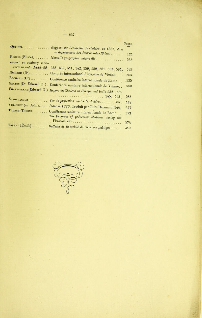 ^ÜEmEL Rapport sur l’épidémie de choléra, en 188II, dans le département des Bouches-du-Rhône Reclus (Éhsée) Nouvelle géographie universelle Report on sanitary mea— sures in India 1888-89. 538, 539, 541, 542, 550, 559, 561,583, 594, Richard (D>) Congrès international d’hygiène de Vienne. Rociiard (D1) Conférence sanitaire internationale de Rome. Seaton (Dl Edward C.). Conférence sanitaire internationale de Vienne.. SHAKESFEARE(Edward O.) Report on Choiera in Europe and India 532, 539 _ 545, 553, ooxderegger Sur la protection contre le choléra 84, Strachey (sir John) India in 1880. Traduit par Jules Harmand 544, Tiiorne-Thorne Conférence sanitaire internationale de Rome. The Progress of préventive Medicine during the Victorian Era Tr llat (Émile) Bulletin de la société de médecine publique rages. 124 533 595 564 535 540 583 448 627 573 574 349