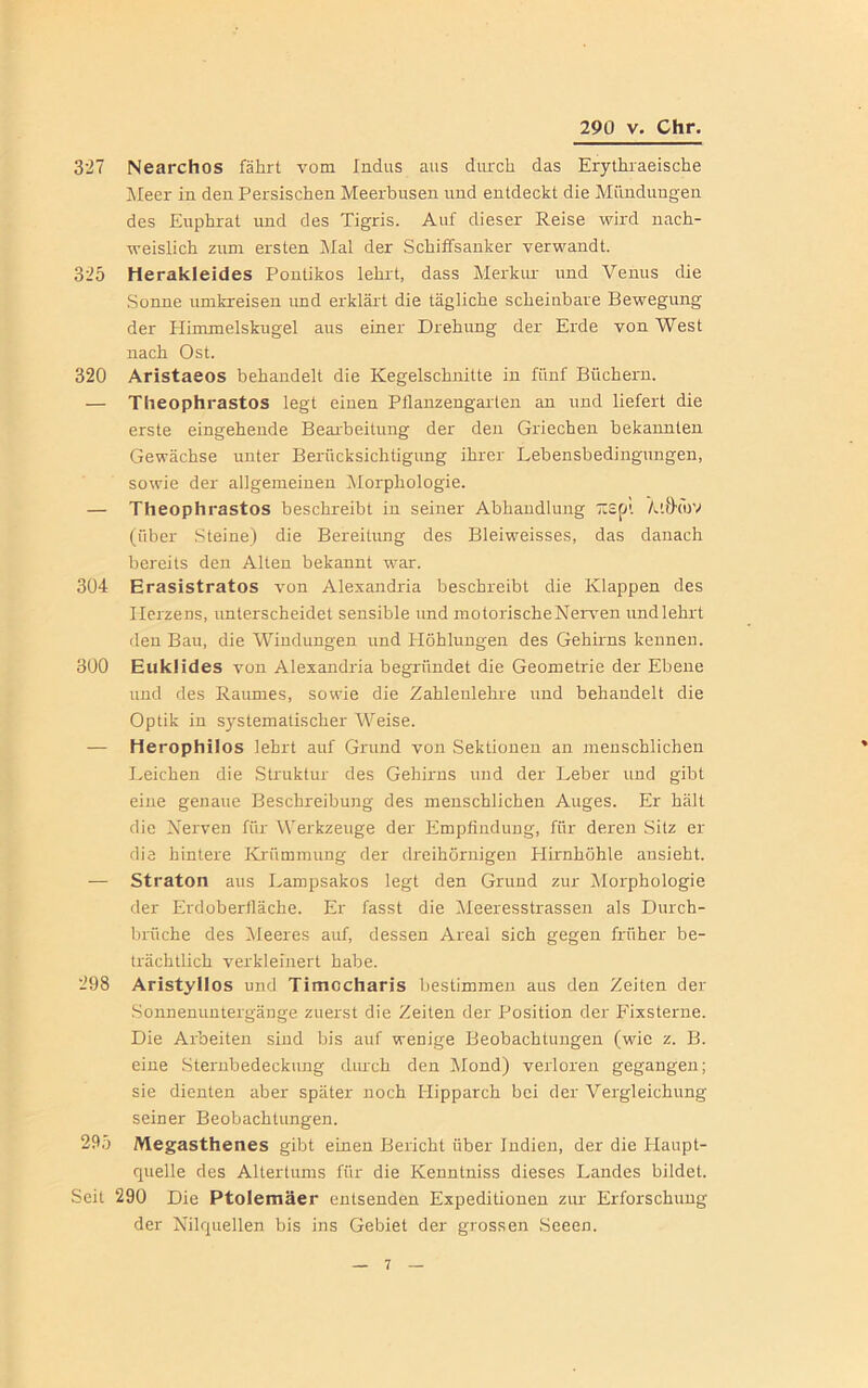 327 Nearchos fährt vom Indus aus durch das Erythraeische Meer in den Persischen Meerbusen und entdeckt die Mündungen des Euphrat und des Tigris. Auf dieser Reise wird nach- weislich zum ersten Mal der Schiffsanker verwandt. 325 Herakleides Pontikos lehrt, dass Merkur und Venus die Sonne umkreisen und erklärt die tägliche scheinbare Bewegung der Himmelskugel aus einer Drehung der Erde von West nach Ost. 320 Aristaeos behandelt die Kegelschnitte in fünf Büchern. — Theophrastos legt einen Pllanzengarlen an und liefert die erste eingehende Bearbeitung der den Griechen bekannten Gewächse unter Berücksichtigung ihrer Lebensbedingungen, sowie der allgemeinen Morphologie. — Theophrastos beschreibt in seiner Abhandlung Ttspt Mikuv (über Steine) die Bereitung des Bleiweisses, das danach bereits den Alten bekannt war. 304 Erasistratos von Alexandria beschreibt die Klappen des Herzens, unterscheidet sensible und motorischeNerven und lehrt den Bau, die Windungen und Höhlungen des Gehirns kennen. 300 Euklides von Alexandria begründet die Geometrie der Ebene und des Raumes, sowie die Zahlenlehre und behandelt die Optik in s)rstematischer Weise. — Herophilos lehrt auf Grund von Sektionen an menschlichen Leichen die Struktur des Gehirns und der Leber und gibt eine genaue Beschreibung des menschlichen Auges. Er hält die Nerven für Werkzeuge der Empfindung, für deren Sitz er die hintere Krümmung der dreihörnigen Elirnhöhle ansieht. — Straton aus Lampsakos legt den Grund zur Morphologie der Erdoberfläche. Er fasst die Meeresstrassen als Durch- brüche des Meeres auf, dessen Areal sich gegen früher be- trächtlich verkleinert habe. 298 Aristyllos und Timccharis bestimmen aus den Zeiten der Sonnenuntergänge zuerst die Zeiten der Position der Fixsterne. Die Arbeiten sind bis auf wenige Beobachtungen (wie z. B. eine Sternbedeckung durch den Mond) verloren gegangen; sie dienten aber später noch Hipparch bei der Vergleichung seiner Beobachtungen. 295 Megasthenes gibt einen Bericht über Indien, der die Plaupt- quelle des Altertums für die Kenntniss dieses Landes bildet. Seit 290 Die Ptolemäer entsenden Expeditionen zur Erforschung der Nilquellen bis ins Gebiet der grossen Seeen.