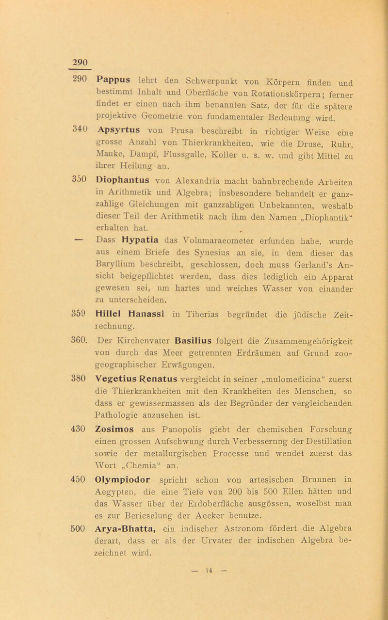 290 290 Pappus lehrt den Schwerpunkt von Körpern finden und bestimmt Inhalt und Oberfläche von Rotationskörpern; ferner findet er einen nach ihm benannten Satz, der für die spätere projektive Geometrie von fundamentaler Bedeutung wird. 340 Apsyrtus von Prusa beschreibt in richtiger Weise eine grosse Anzahl von Thierkrankheiteu, wie die Druse, Ruhr, Mauke, Dampf, Flussgalle, Koller u. s. w. und gibt Mittel zu ihrer Heilung an. 350 Diophantus von Alexandria macht bahnbrechende Arbeiten in Arithmetik und Algebra; insbesondere behandelt er ganz- zahlige Gleichungen mit ganzzahligen Unbekannten, weshalb dieser Teil der Arithmetik nach ihm den Namen „Diophantik“ erhalten hat. — Dass Hypatia das Volumaraeometer erfunden habe, wurde aus einem Briefe des Synesius an sie, in dem dieser das Baryllium beschreibt, geschlossen, doch muss Gerland’s An- sicht beigepflichtet werden, dass dies lediglich ein Apparat gewesen sei, um hartes und weiches Wasser von einander zu unterscheiden. 359 Hillel Hanassi in Tiberias begründet die jüdische Zeit- rechnung. 360. Der Kirchenvater Basilius folgert die Zusammengehörigkeit von durch das Meer getrennten Erdräumen auf Grund zoo- geographischer Erwägungen. 380 Vegetius Renatus vergleicht in seiner „mulomedicina“ zuerst die Thierkrankheiten mit den Krankheiten des Menschen, so dass er gewissermassen als der Begründer der vergleichenden Pathologie anzusehen ist. 430 Zosimos aus Panopolis giebt der chemischen Forschung einen grossen Aufschwung durch Verbesserung der Destillation sowie der metallurgischen Processe und wendet zuerst das Wort „Chemia“ an. 450 Olympiodor spricht schon von artesischen Brunnen in Aegypten, die eine Tiefe von 200 bis 500 Ellen hätten und das Wasser über der Erdoberfläche ausgössen, woselbst man es zur Berieselung der Aecker benutze. 500 Arya=Bhatta, ein indischer Astronom fördert die Algebra derart, dass er als der Urvater der indischen Algebra be- zeichnet wird.