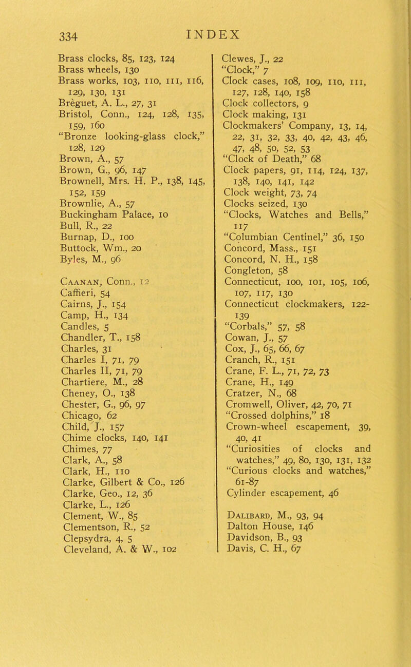 Brass clocks, 85, 123, 124 Brass wheels, 130 Brass works, 103, no, hi, 116, 129, 130, 131 Breguet, A. L., 27, 31 Bristol, Conn., 124, 128, 135, 159, 160 “Bronze looking-glass clock,” 128, 129 Brown, A., 57 Brown, G., 96, 147 Brownell, Mrs. H. P., 138, 145, 152, 159 Brownlie, A., 57 Buckingham Palace, 10 Bull, R., 22 Burnap, D., 100 Buttock, Wm, 20 Byles, M., 96 Caanan, Conn., 12 Caffieri, 54 Cairns, J., 154 Camp, H., 134 Candles, 5 Chandler, T., 158 Charles, 31 Charles I, 71, 79 Charles II, 71, 79 Chartiere, M., 28 Cheney, O., 138 Chester, G., 96, 97 Chicago, 62 Child, J„ 157 Chime clocks, 140, 141 Chimes, 77 Clark, A., 58 Clark, H., no Clarke, Gilbert & Co., 126 Clarke, Geo., 12, 36 Clarke, L., 126 Clement, W., 85 Clementson, R., 52 Clepsydra, 4, 5 Cleveland, A. & W., 102 Clewes, J., 22 “Clock,” 7 Clock cases, 108, 109, no, in, 127, 128, 140, 158 Clock collectors, 9 Clock making, 131 Clockmakers’ Company, 13, 14, 22, 31, 32, 33, 40, 42, 43, 46, 47, 48, 50, 52, 53 “Clock of Death,” 68 Clock papers, 91, 114, 124, 137, 138, 140, 141, 142 Clock weight, 73, 74 Clocks seized, 130 “Clocks, Watches and Bells,” 117 “Columbian Centinel,” 36, 150 Concord, Mass., 151 Concord, N. H., 158 Congleton, 58 Connecticut, 100, 101, 105, 106, 107, 117, 130 Connecticut clockmakers, 122- 139 “Corbals,” 57, 58 Cowan, J., 57 Cox, J., 65, 66, 67 Cranch, R., 151 Crane, F. L., 71, 72, 73 Crane, H., 149 Cratzer, N., 68 Cromwell, Oliver, 42, 70, 71 “Crossed dolphins,” 18 Crown-wheel escapement, 39, 40, 41 “Curiosities of clocks and watches,” 49, 80, 130, 131, 132 “Curious clocks and watches,” 61-87 Cylinder escapement, 46 Dalibard, M., 93, 94 Dalton House, 146 Davidson, B., 93 Davis, C. H., 67