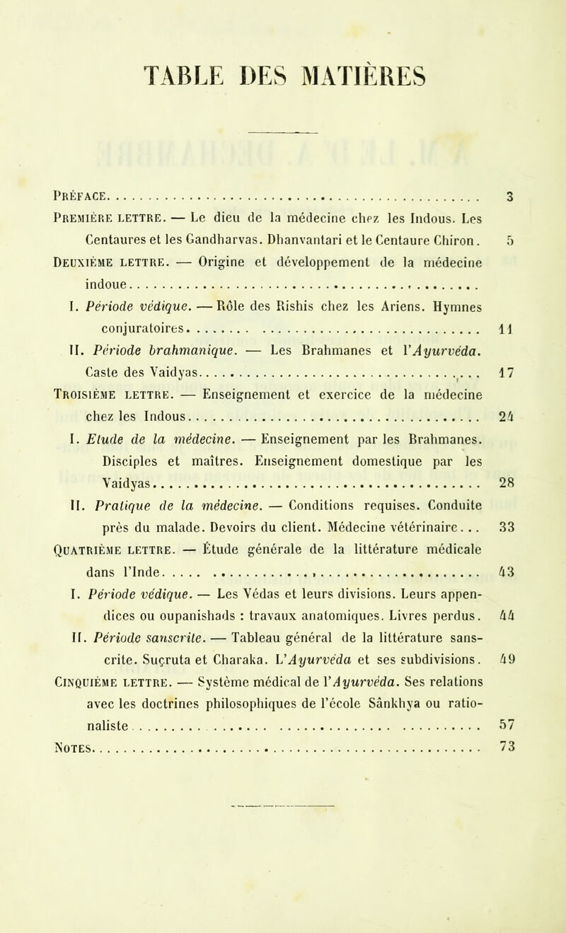TABLE DES MATIERES Préface 3 Première lettre. — Le dieu de la médecine chez les Indous. Les Centaures et les Gandharvas. Dlianvantari et le Centaure Chiron. 5 Deuxième lettre. — Origine et développement de la médecine indoue I. Période védique.—Rôle des Rishis chez les Ariens. Hymnes conjuratoires 11 II. Période brahmanique. — Les Rrahmanes et VAyurvéda. Caste des Vaidyas .. 17 Troisième lettre. — Enseignement et exercice de la médecine chez les Indous 24 I. Etude de la médecine. —Enseignement parles Brahmanes. Disciples et maîtres. Enseignement domestique par les Vaidyas 28 II. Pratique de la médecine. — Conditions requises. Conduite près du malade. Devoirs du client. Médecine vétérinaire. .. 33 Quatrième lettre. — Étude générale de la littérature médicale dans l’Inde 43 I. Période védique. — Les Védas et leurs divisions. Leurs appen- dices ou oupanishads : travaux anatomiques. Livres perdus. 44 II. Période sanscrite. — Tableau général de la littérature sans- crite. Suç.ruta et Charaka. U Ayurvéda et ses subdivisions. 49 Cinquième lettre. — Système médical de Y Ayurvéda. Ses relations avec les doctrines philosophiques de l’école Sânkhya ou ratio- naliste 57 Notes 73