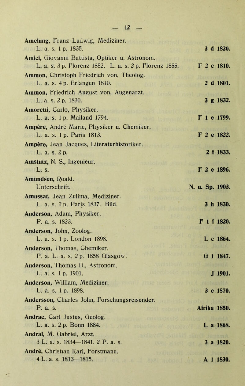 Amelung, Franz Ludwig, Mediziner. L. a. s. 1 p. 1835. Amid, Giovanni Battista, Optiker u. Astronom. L. a. s. 3 p. Florenz 1852. L. a. s. 2 p. Florenz 1855. Ammon, Christoph Friedrich von, Theolog. L. a. s. 4 p. Erlangen 1810. Ammon, Friedrich August von, Augenarzt. L. a. s. 2 p. 1830. Amoretti, Carlo, Physiker. L. a. s. 1 p. Mailand 1794. Ampere, Andre Marie, Physiker u. Chemiker. L. a. s. 1 p. Paris 1813. Ampere, Jean Jacques, Literaturhistoriker. L. a. s. 2 p. Amstutz, N. S., Ingenieur. L. s. Amundsen, Roald. Unterschrift. Amussat, Jean Zulima, Mediziner. L. a. s. 2 p. Paris 1837. Bild. Anderson, Adam, Physiker. P. a. s. 1823. Anderson, John, Zoolog. L. a. s. 1 p. London 1898. Anderson, l'homas, Chemiker. P. a. L. a. s. 2 p. 1858 Glasgow. Anderson, Thomas D., Astronom. L. a. s. 1 p. 1901. Anderson, William, Mediziner. L. a. s. 1 p. 1898. Andersson, Charles John, Forschungsreisender. P. a. s. Andrae, Carl Justus, Geolog. L. a. s. 2 p. Bonn 1884. Andral, M. Gabriel, Arzt. 3 L. a. s. 1834—1841. 2 P. a. s. Andr^, Christian Karl, Forstmann. 3 d 1820. F 2 c 1810. 2 d 1801. 3 g 1832. F 1 e 1799. F 2 e 1822. 2 f 1833. F 2 e 1896. N. u. Sp. 1903. 3 h 1830. F 1 f 1820. L c 1864. ü 1 1847. J 1901. 3 e 1870. Afrika 1850. L a 1868. 3 a 1820.