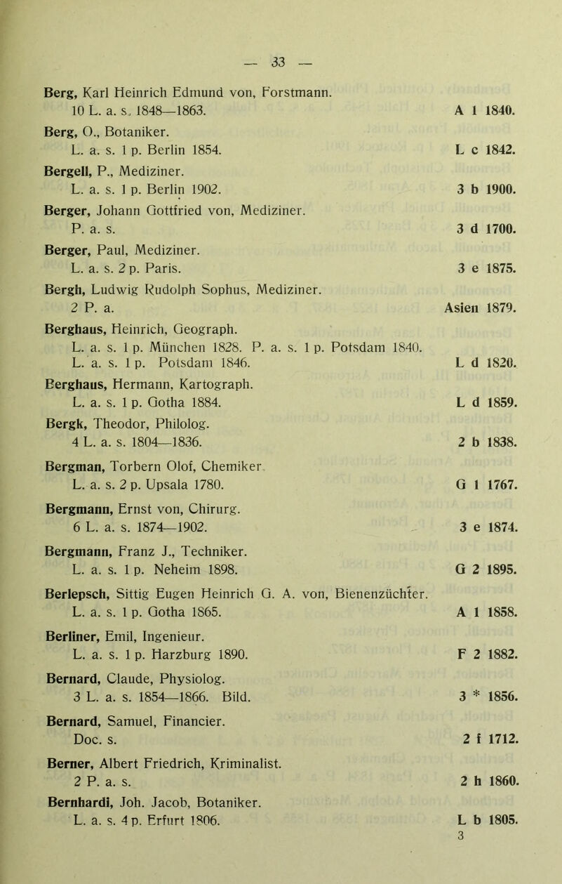 Berg, Karl Heinrich Edmund von, Forstmann. 10 L. a. s. 1848—1863. Berg, O., Botaniker. L. a. s. 1 p. Berlin 1854. Bergeil, P., Mediziner. L. a. s. 1 p. Berlin 1902. Berger, Johann Gottfried von, Mediziner. P. a. s. Berger, Paul, Mediziner. L. a. s. 2 p. Paris. Bergh, Ludwig Rudolph Sophus, Mediziner. 2 P. a. Berghaus, Heinrich, Geograph. L. a. s. 1 p. München 1828. P. a. s. 1 p. Potsdam 1840. L. a. s. 1 p. Potsdam 1846. Berghaus, Hermann, Kartograph. L. a. s. 1 p. Gotha 1884. Bergk, Theodor, Philolog. 4 L. a. s. 1804—1836. Bergman, Torbern Olof, Chemiker L. a. s. 2 p. Upsala 1780. Bergmann, Ernst von, Chirurg. 6 L. a. s. 1874—1902. A 1 1840. L c 1842. 3 b 1900. 3 d 1700. 3 e 1875. Asien 1879. L d 1820. L d 1859. 2 b 1838. Q 1 1767. 3 e 1874. Bergmann, Franz J., Techniker. L. a. s. 1 p. Neheim 1898. Berlepsch, Sittig Eugen Heinrich G. A. von, Bienenzüchter. L. a. s. 1 p. Gotha 1865. Berliner, Emil, Ingenieur. L. a. s. 1 p. Harzburg 1890. Bernard, Claude, Physiolog. 3 L. a. s. 1854—1866. Bild. Bernard, Samuel, Financier. Doc. s. Berner, Albert Friedrich, Kriminalist. 2 P. a. s. Bernhard!, Joh. Jacob, Botaniker. L. a. s. 4 p. Erfurt 1806. G 2 1895. A 1 1858. F 2 1882. 3 * 1856. 2 f 1712. 2 h 1860. L b 1805. 3