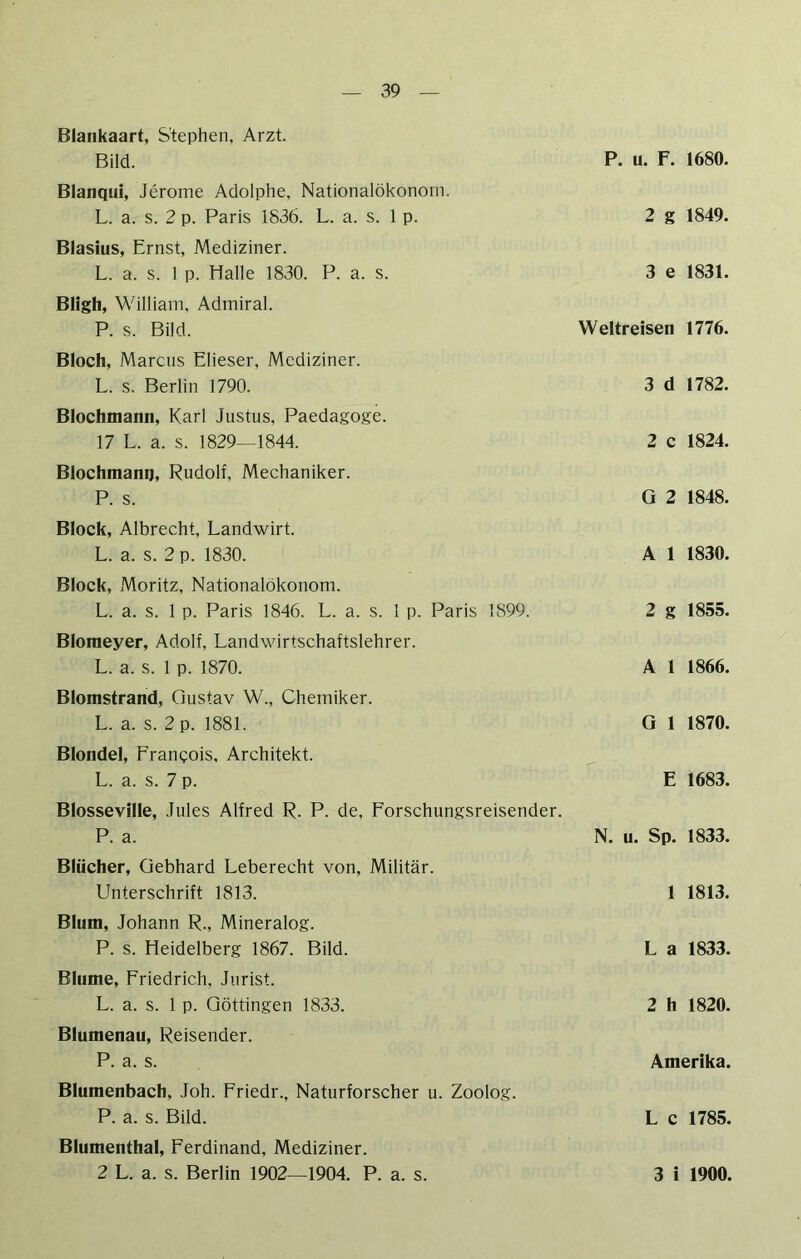 Blankaart, Stephen, Arzt. Bild. Blanqui, Jerome Adolphe, Nationalökonom. L. a. s. 2 p. Paris 1836. L. a. s. 1 p. Blasius, Ernst, Mediziner. L. a. s. 1 p. Halle 1830. P. a. s. Bligh, William, Admiral. P. s. Bild. Bloch, Marens Elieser, Mediziner. L. s. Berlin 1790. Blochmann, Karl Justus, Paedagoge. 17 L. a. s. 1829—1844. Blochmann, Rudolf, Mechaniker. P. s. Block, Albrecht, Landwirt. L. a. s. 2 p. 1830. Block, Moritz, Nationalökonom. L. a. s. 1 p. Paris 1846. L. a. s. 1 p. Paris 1899. Blomeyer, Adolf, Landwirtschaftslehrer. L. a. s. 1 p. 1870. Blomstrand, Gustav W., Chemiker. L. a. s. 2 p. 1881. Blondel, Francois, Architekt. L. a. s. 7 p. Blosseville, Jules Alfred R. P. de, Forschungsreisender. P. a. Blücher, Gebhard Leberecht von, Militär. Unterschrift 1813. Blum, Johann R., Mineralog. P. s. Heidelberg 1867. Bild. Blume, Friedrich, Jurist. L. a. s. 1 p. Göttingen 1833. Blumenau, Reisender. P. a. s. Blumenbach, Joh. Friedr., Naturforscher u. Zoolog. P. a. s. Bild. Blumenthal, Ferdinand, Mediziner. P. u. F. 1680. 2 g 1849. 3 e 1831. Weltreisen 1776. 3 d 1782. 2 c 1824. G 2 1848. A 1 1830. 2 g 1855. A 1 1866. G 1 1870. E 1683. N. u. Sp. 1833. 1 1813. L a 1833. 2 h 1820. Amerika. L c 1785.