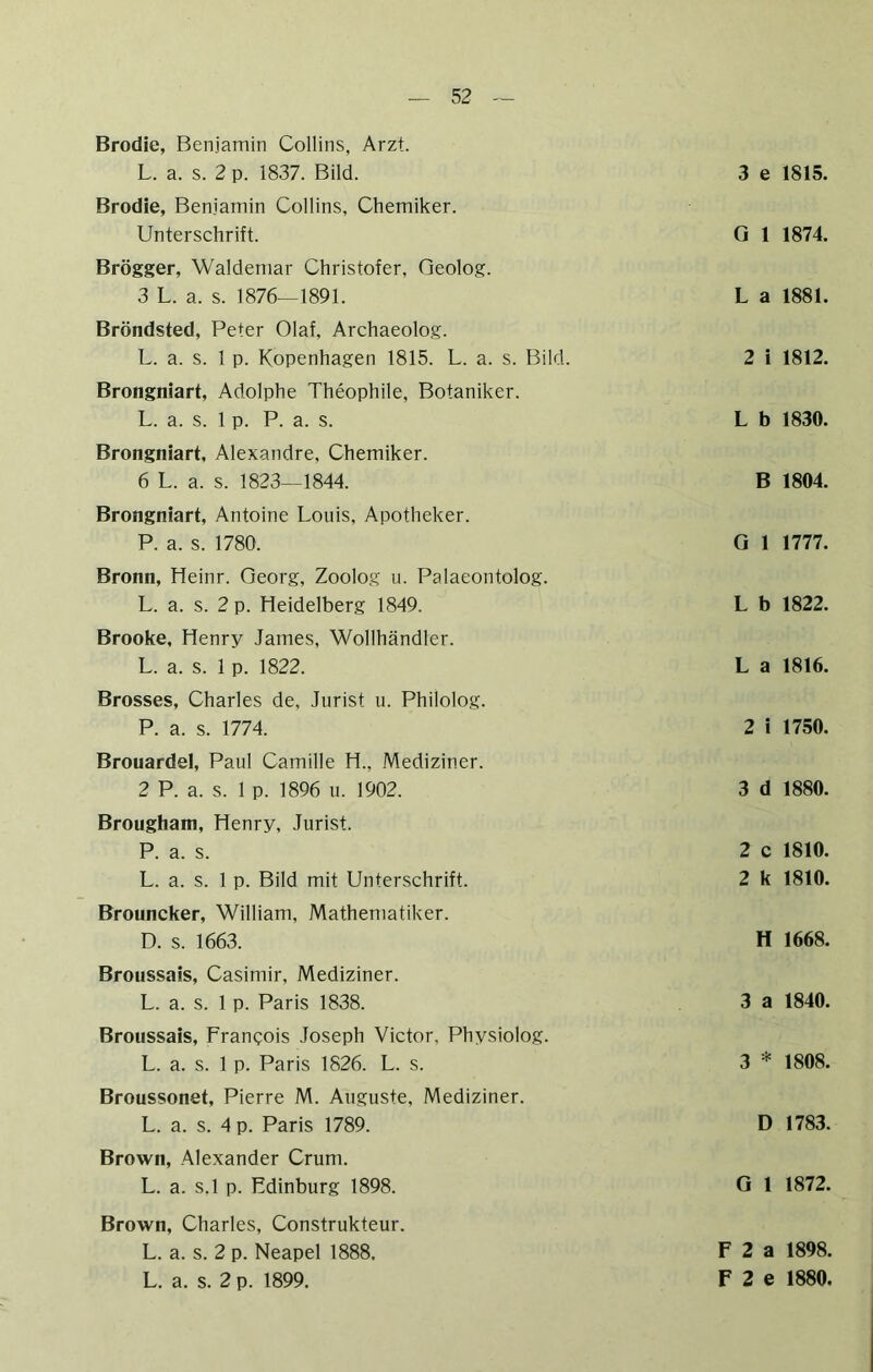 Brodie, Benjamin Collins, Arzt. L. a. s. 2 p. 1837. Bild. Brodie, Benjamin Collins, Chemiker. Unterschrift. Brögger, Waldemar Christofer, Geolog. 3 L. a. s. 1876—1891. Bröndsted, Peter Olaf, Archaeolog. L. a. s. 1 p. Kopenhagen 1815. L. a. s. Bild. Brongniart, Adolphe Theophile, Botaniker. L. a. s. 1 p. P. a. s. Brongniart. Alexandre, Chemiker. 6 L. a. s. 1823—1844. Brongniart, Antoine Louis, Apotheker. P. a. s. 1780. Bronn, Heinr. Georg, Zoolog u. Palaeontolog. L. a. s. 2 p. Heidelberg 1849. Brooke, Henry James, Wollhändler. L. a. s. 1 p. 1822. Brosses, Charles de, Jurist u. Philolog. P. a. s. 1774. Brouardei, Paul Camille H., Mediziner. 2 P. a. s. 1 p. 1896 u. 1902. Brougham, Henry, Jurist. P. a. s. L. a. s. 1 p. Bild mit Unterschrift. Brouncker, William, Mathematiker. D. s. 1663. Broussais, Casimir, Mediziner. L. a. s. 1 p. Paris 1838. Broussais, Frangois Joseph Victor, Physiolog. L. a. s. 1 p. Paris 1826. L. s. Broussonet, Pierre M. Auguste, Mediziner. L. a. s. 4 p. Paris 1789. Brown, Alexander Crum. L. a. s.l p. Fdinburg 1898. Brown, Charles, Construkteur. L. a. s. 2 p. Neapel 1888. L. a. s. 2 p. 1899. 3 e 1815. G 1 1874. L a 1881. 2 i 1812. L b 1830. B 1804. G 1 1777. L b 1822. L a 1816. 2 i 1750. 3 d 1880. 2 c 1810. 2 k 1810. H 1668. 3 a 1840. 3 * 1808. D 1783. G 1 1872. F 2 a 1898. F 2 e 1880.