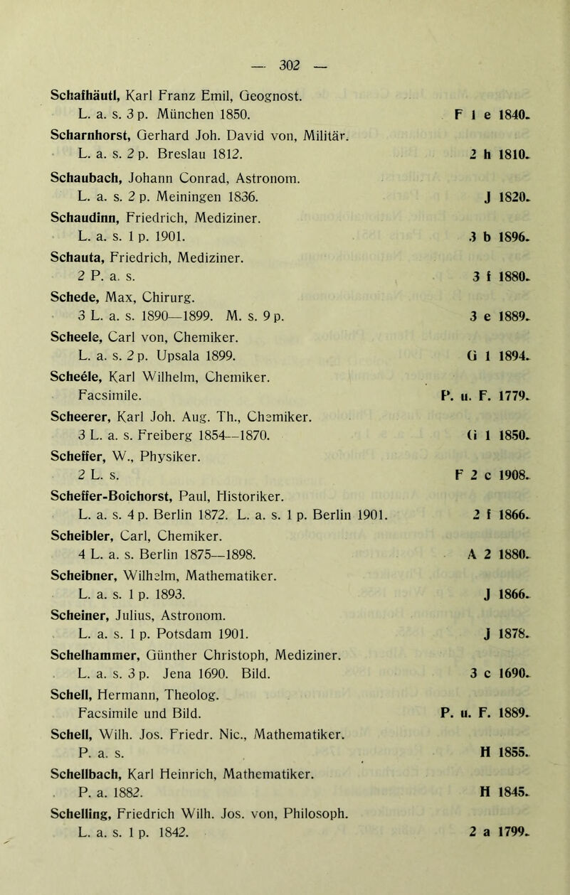 Schafhäutl, Karl Franz Emil, Qeognost. L. a. s. 3 p. München 1850. Scharnhorst, Gerhard Joh. David von, Militär. L. a. s. 2 p. Breslau 1812. Schaubach, Johann Conrad, Astronom. L. a. s. 2 p. Meiningen 1836. Schaudinn, Friedrich, Mediziner. L. a. s. 1 p. 1901. Schauta, Friedrich, Mediziner. 2 P. a. s. Schede, Max, Chirurg. 3 L. a. s. 1890—1899. M. s. 9 p. Scheele, Carl von, Chemiker. L. a. s. 2 p. Upsala 1899. Scheele, Karl Wilhelm, Chemiker. Facsimile. Scheerer, Karl Joh. Aug. Th., Chemiker. 3 L. a. s. Freiberg 1854—1870. Scheffer, W., Physiker. 2 L. s. Scheffer-Boichorst, Paul, Historiker. L. a. s. 4 p. Berlin 1872. L. a. s. 1 p. Berlin 1901. Scheibler, Carl, Chemiker. 4 L. a. s. Berlin 1875—1898. Scheibner, Wilhelm, Mathematiker. L. a. s. 1 p. 1893. Scheiner, Julius, Astronom. L. a. s. 1 p. Potsdam 1901. Schelhammer, Günther Christoph, Mediziner. L. a. s. 3 p. Jena 1690. Bild. Schell, Hermann, Theolog. Facsimile und Bild. Schell, Wilh. Jos. Friedr. Nie., Mathematiker. P. a. s. Schellbach, Karl Heinrich, Mathematiker. P. a. 1882. Schelling, Friedrich Wilh. Jos. von, Philosoph. F I e 1840. 2 h 1810. J 1820. .3 b 1896. 3 f 1880. 3 e 1889. ü 1 1894. F*. u. F. 1779. (i 1 1850. F 2 c 1908. 2 f 1866. A 2 1880. J 1866. j 1878. 3 c 1690. P. u. F. 1889. H 1855. H 1845.