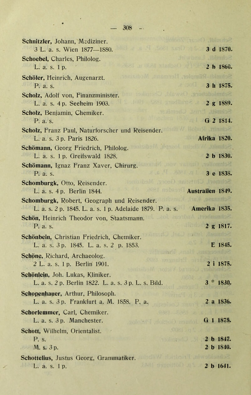 Schnitzler, Johann, Mediziner. 3 L. a. s. Wien 1877—1880. 3 d 1870. Schoebel, Charles, Philolog. L. a. s. 1 p. 2 h 1860. Schöler, Heinrich, Augenarzt. P. a. s. Scholz, Adolf von, Finanzminister. L. a. s. 4 p. Seeheim 1903. Scholz, Benjamin, Chemiker. P. a. s. Scholz, Franz Paul, Naturforscher und Reisender. L. a. s. 3 p. Paris 1826. Schümann, Georg Friedrich, Philolog. L. a. s. 1 p. Greifswald 1828. Schümann, Ignaz Franz Xaver, Chirurg. P. a. s. Schomburgk, Otto, Reisender. L. a. s. 4 p. Berlin 1844. Schomburgk, Robert, Geograph und Reisender. L. a. s. 2 p. 1845. L. a. s. 1 p. Adelaide 1879. P. a. s. Schün, Heinrich Theodor von, Staatsmann. P. a. s. Schünbein, Christian Friedrich, Chemiker. L. a. s. 3 p. 1845. L. a. s. 2 p. 1853. Schüne, Richard, Archaeolog. 2 L. a. s. 1 p. Berlin 1901. Schünlein, Joh. Lukas, Kliniker. L. a. s. 2 p. Berlin 1822. L. a. s. 3 p. L. s. Bild. Schopenhauer, Arthur, Philosoph. L. a. s. 3 p. Frankfurt a. M. 1858. P. a. Schorlemmer, Carl, Chemiker. L. a. s. 3 p. Manchester. 3 h 1875. 2 g 1889. G 2 1814. Afrika 1820. 2 b 1830. 3 e 1838. Australien 1849. Amerika 1835. 2 g 1817. E 1845. 2 i 1875. 3 * 1830. 2 a 1836. G 1 1875. Schott, Wilhelm, Orientalist. P. s. ,2b 1847. M. s. 3 p. 2 b 1840. Schottelius, Justus Georg, Grammatiker. L. a. s. 1 p. 2 b 1641.
