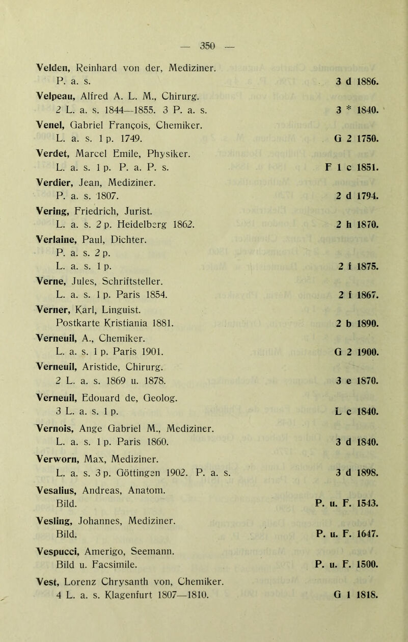 Velden, Reinhard von der, Mediziner. P. a. s. Velpeau, Alfred A. L. M., Chirurg. 2 L. a. .s. 1844—1855. 3 P. a. s. Venel, Gabriel Francois, Chemiker. L. a. s. 1 p. 1749. Verdet, Marcel Emile, Physiker. L. a. s. 1 p. P. a. P. s. Verdier, Jean, Mediziner. P. a. s. 1807. Vering, Friedrich, Jurist. L. a. s. 2 p. Heidelberg 1862. Verlaine, Paul, Dichter. P. a. s. 2 p. L. a. s. 1 p. Verne, Jules, Schriftsteller. L. a. s. 1 p. Paris 1854. Verner, Karl, Linguist. Postkarte Kristiania 1881. Verneuil, A., Chemiker. L. a. s. 1 p. Paris 1901. Verneuil, Aristide, Chirurg. 2 L. a. s. 1869 u. 1878. Verneuil, Edouard de, Geolog. 3 L. a. s. 1 p. Vernois, Ange Gabriel M., Mediziner. L. a. s. 1 p. Paris 1860. Verworn, Max, Mediziner. L. a. s. 3 p. Göttingen 1902. P. a. s. Vesalius, Andreas, Anatom. Bild. Vesling, Johannes, Mediziner. Bild. Vespucci, Amerigo, Seemann. Bild u. Facsimile. 3 d 1886. 3 * 1840. G 2 1750. F 1 c 1851. 2 d 1794. 2 h 1870. 2 f 1875. 2 f 1867. 2 b 1890. G 2 1900. 3 e 1870. L c 1840. 3 d 1840. 3 d 1898. P. u. F. 1543. P. u. F. 1647. P. u. F. 1500. Vest, Lorenz Chrysanth von, Chemiker. 4 L. a. s. Klagenfurt 1807—1810. G 1 1818.