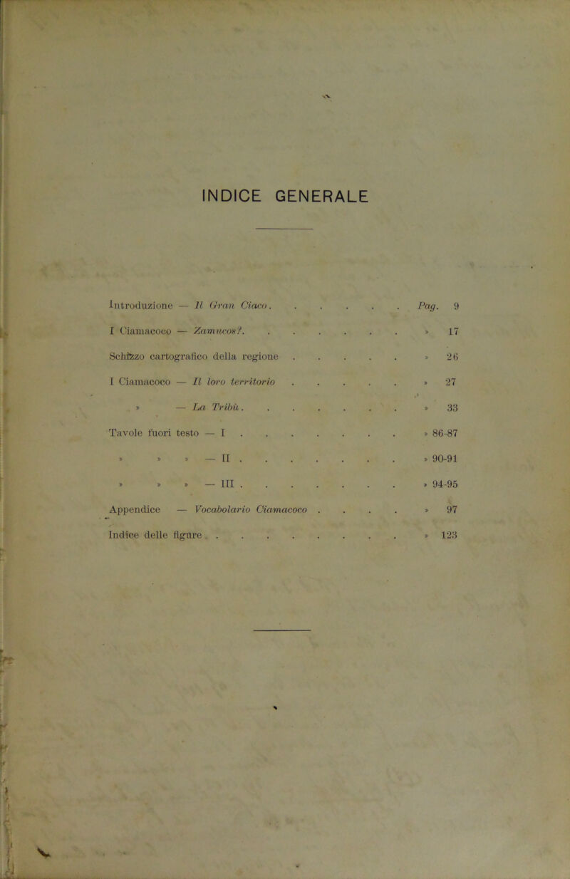 INDICE GENERALE introduzione — Il Gran Giaco. I Ciamacoco — Zamucmi. Schizzo cartografico della regione . I Ciamacoco — Il loro territorio » — La TrU)ù. . . . Tavole fuori testo — I . » » » — II . » » » — III .... Appendice — Vocabolario Ciamacoco . t ■ Indice delle figure Pag. 9 » 17 » 26 . 27 » 33 » 86-87 » 90-91 » 94-95 » 97 » 123